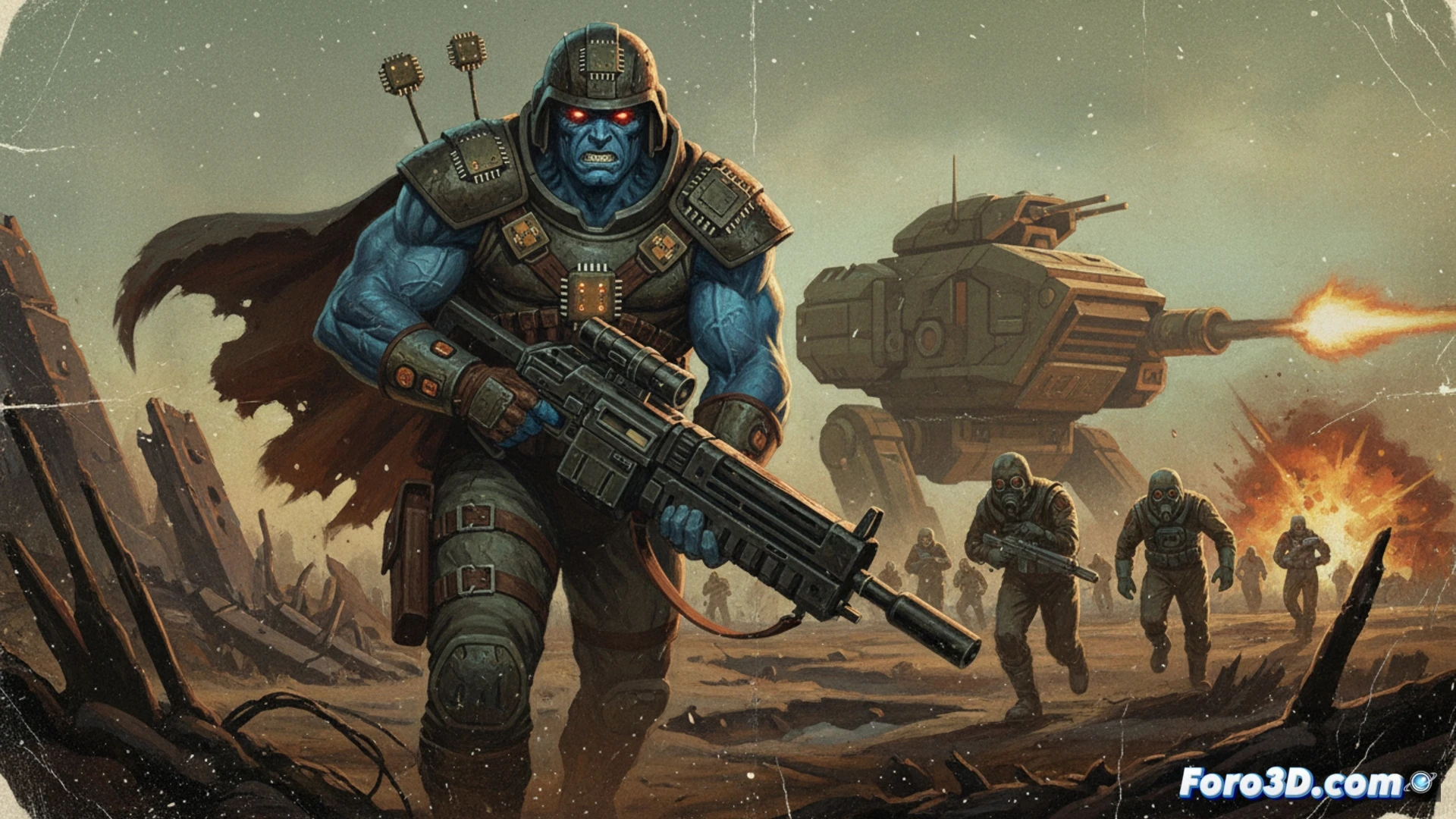 Póster de Rogue Trooper al estilo años 70: pintado a mano, colores apagados, granulado, héroe solitario en paisaje desolado y futurista.