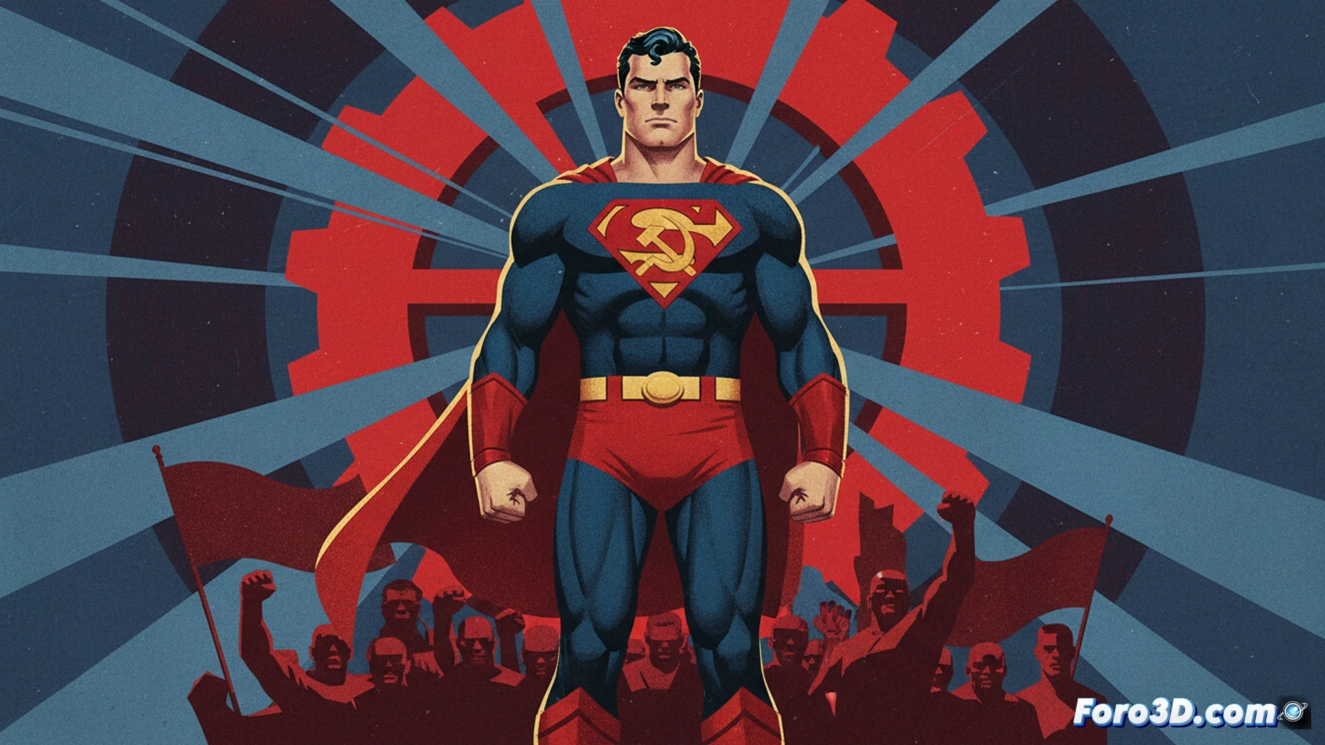Portada de Superman Hijo Rojo con hoz y martillo sobre fondo rojo y azul