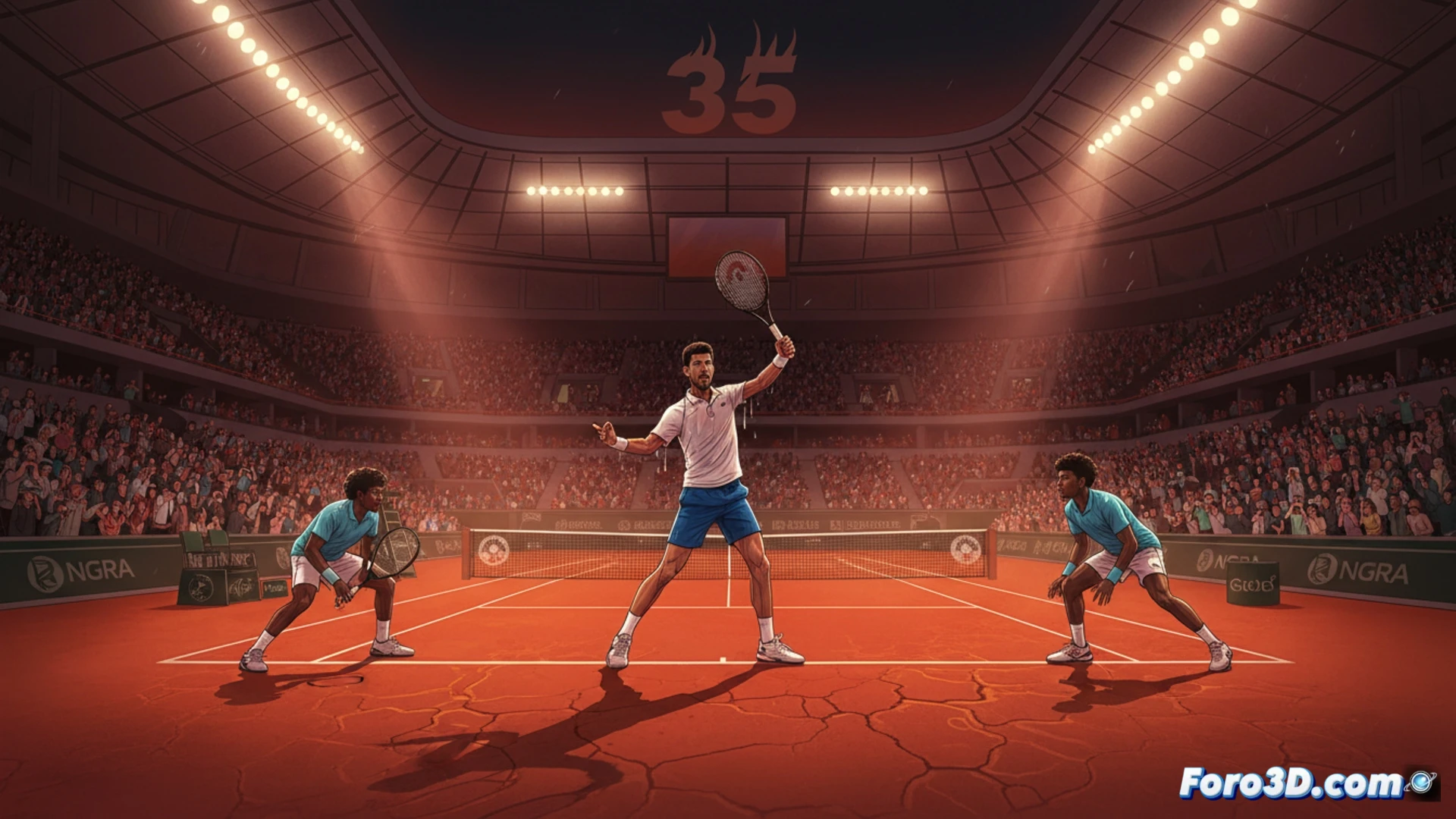 tennis court clay surface cracking under extreme heat, thermometer showing 35 degrees Celsius with heat waves rising, Novak Djokovic in blue shirt serving under closed Philippe-Chatrier roof, young French opponent Giovanni Mpetshi Perricard readying to return, sweat drops frozen mid-air on players' faces, intense spotlight beams cutting through hot haze, arc de triomphe silhouette visible through distant window, cinematic sports photography, dramatic chiaroscuro lighting, ultra-realistic skin texture, motion blur on ball trajectory, photorealistic technical render