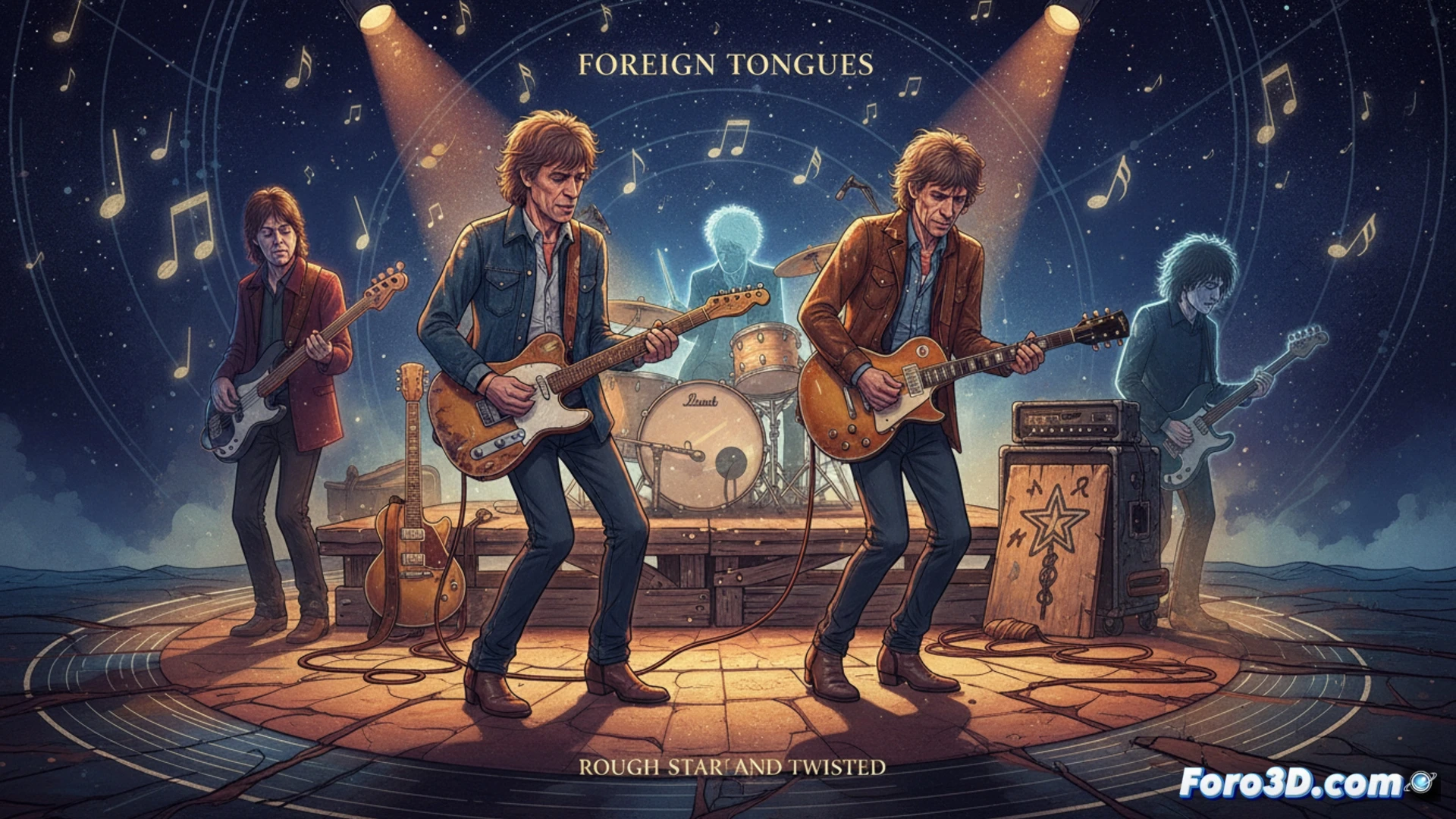 Los Rolling Stones, en un estudio vintage, sostienen guitarras junto a Paul McCartney y Robert Smith, con un vinilo de Foreign Tongues al fondo.