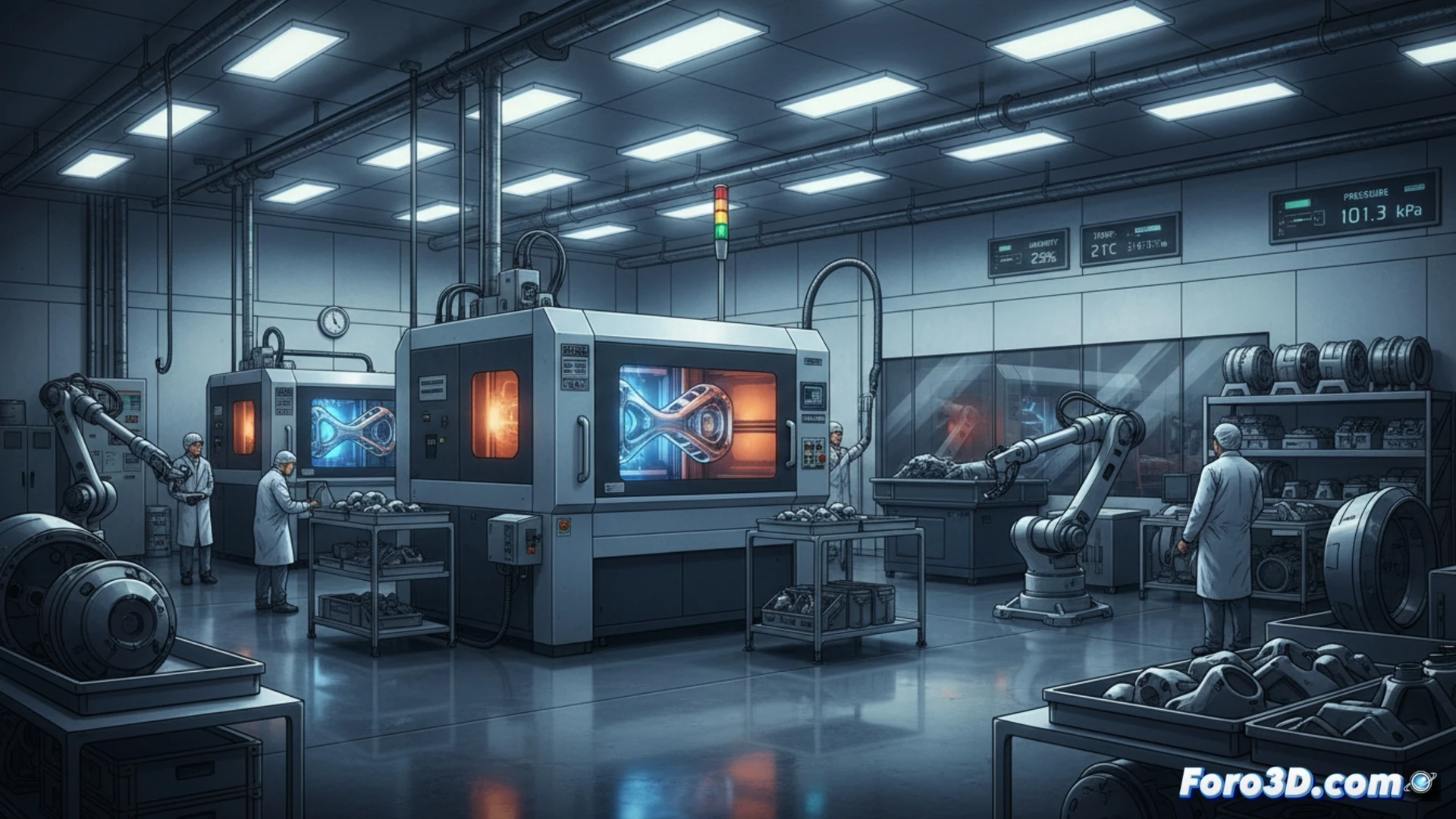 Imagen de una célula industrial de alta precisión en Bristol. Una impresora 3D metálica, de gran tamaño, deposita polvo en un lecho controlado. Al fondo, ingenieros con gafas protectoras supervisan paneles digitales. En primer plano, una pieza de motor de avión militar, con forma de álabe, brilla bajo luces LED azules. El ambiente es estéril y climatizado, reflejando el apoyo del Ministerio de Defensa.