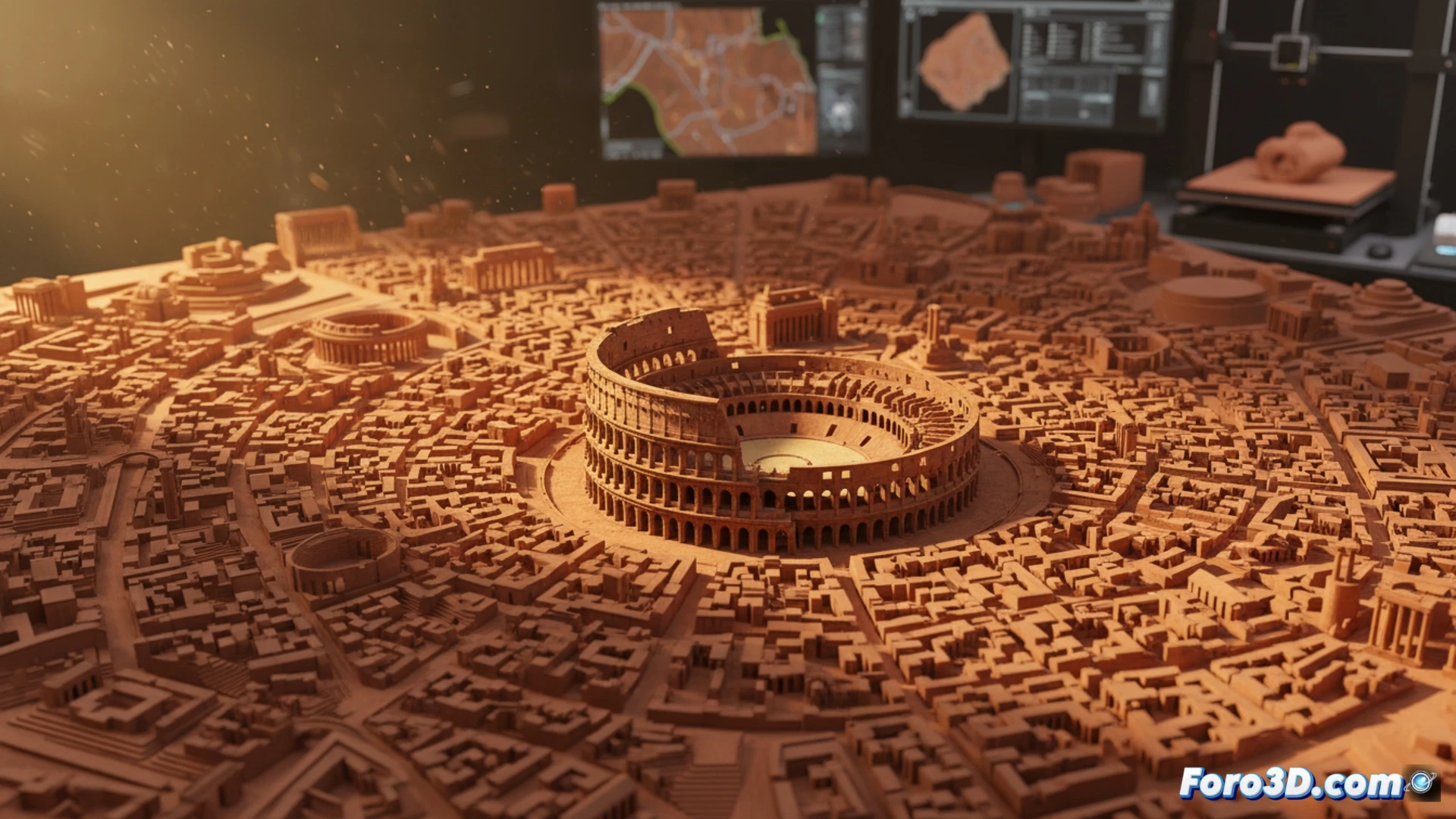 Maqueta impresa en 3D de la antigua Roma en terracota mostrando coliseo y colinas