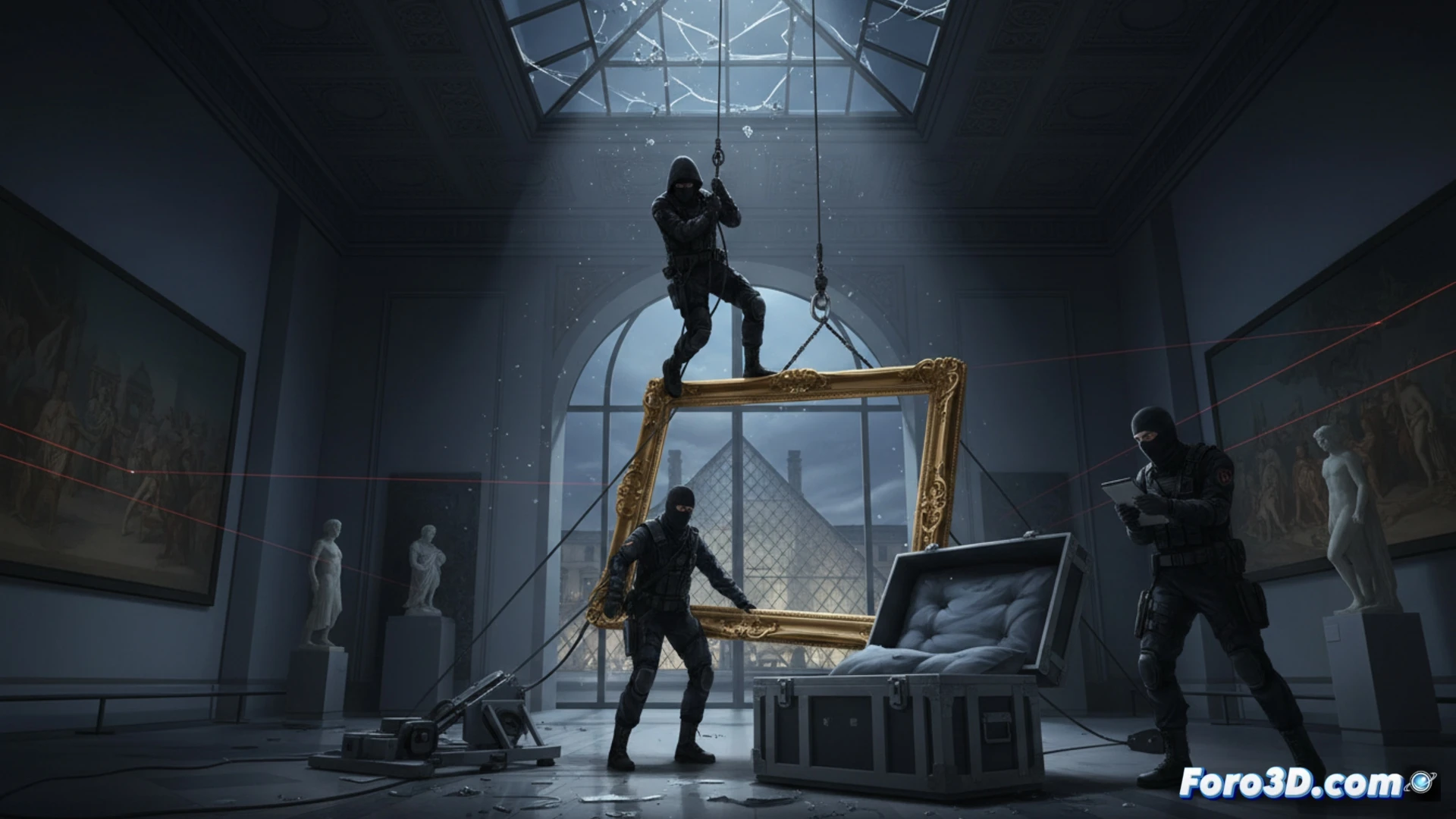 cinematic scene of a museum gallery at night, a high-tech laser security grid being bypassed by a precision tool emitting a focused beam, a gloved hand holding a diamond-tipped glass cutter near a reinforced display case, motion sensors on the ceiling being disabled by a portable jammer device, shadows of figures moving through the gallery while golden artifacts remain untouched, dramatic low-key lighting with blue and amber tones, photorealistic technical illustration, ultra-detailed interior architecture of the Louvre, tension-filled action moment, 8k cinematic render