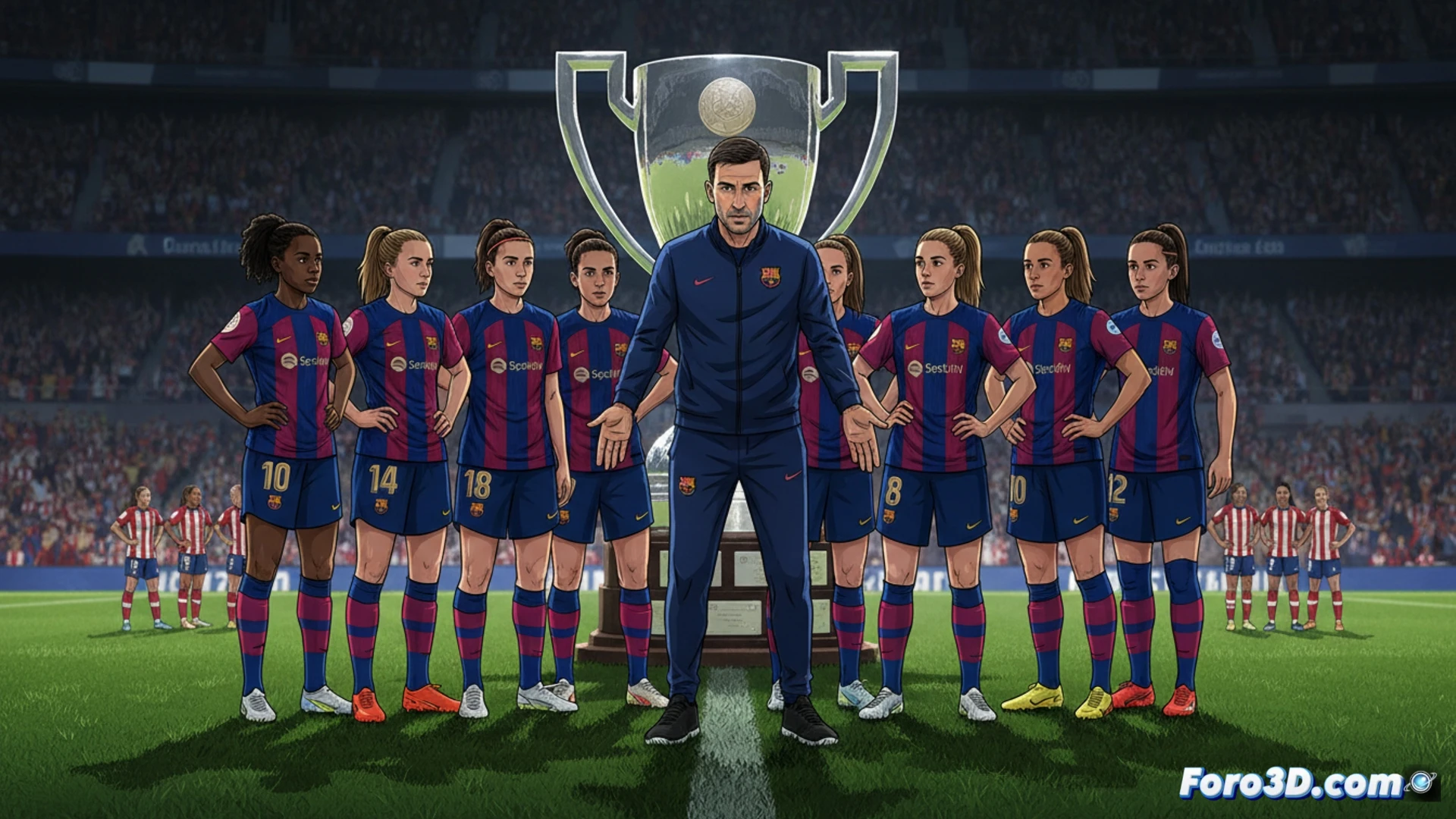 Wide-angle view of a football tactical meeting, coach pointing at a digital tactical board showing defensive formations, players in red and blue kits watching intently, a large trophy silhouette on screen, tactical diagrams with arrows indicating counter-attack movements, cinematic lighting with stadium shadows in background, photorealistic sports documentary style, intense focus on coach’s hand gesture demonstrating humility and concentration, blurred team huddle in foreground, dramatic contrast between bright tactical display and dark locker room.