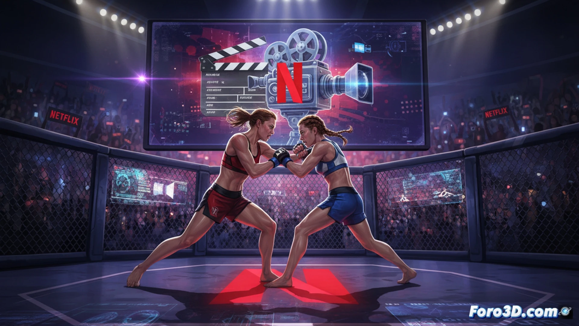 two female MMA fighters in an octagon cage, Ronda Rousey throwing a high kick while Gina Carano blocks, sweat droplets flying, cage mesh visible in background, cinematic photorealistic technical visualization, dramatic arena lighting from above, motion blur on limbs, fight mat texture detailed, tension in facial expressions, ultra-detailed muscle definition, realistic skin texture, broadcast camera rigs on booms around cage, Netflix logo subtly reflected on floor surface, dramatic shadows, 8k render quality