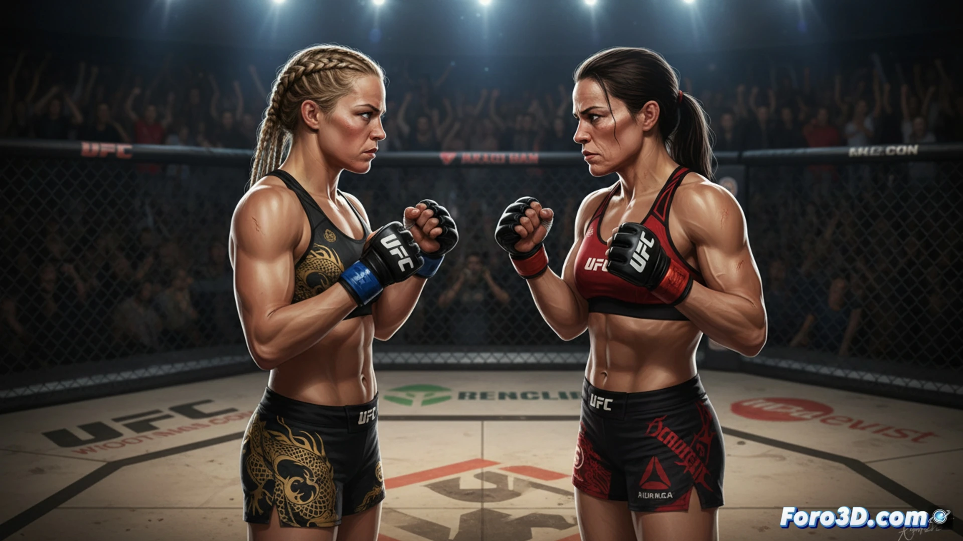 Two female MMA fighters in an octagon cage, one executing a judo hip throw on the other, both wearing modern fight shorts and gloves, sweat flying off their bodies, octagon mesh fence visible, corner stools and water bottles in background, cinematic sports photography style, dramatic overhead arena lighting casting sharp shadows, photorealistic render, ultra-detailed muscle definition and fabric texture, motion blur on limbs, crowd silhouettes blurred in dark background, intense action moment frozen mid-throw