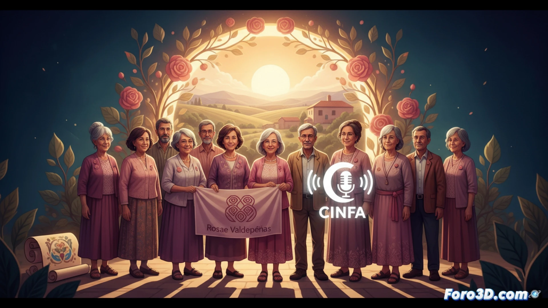 Grupo diverso sonriente sostiene letras rosas formando ROSAE, con logo Cinfa y fondo de Valdepeñas.