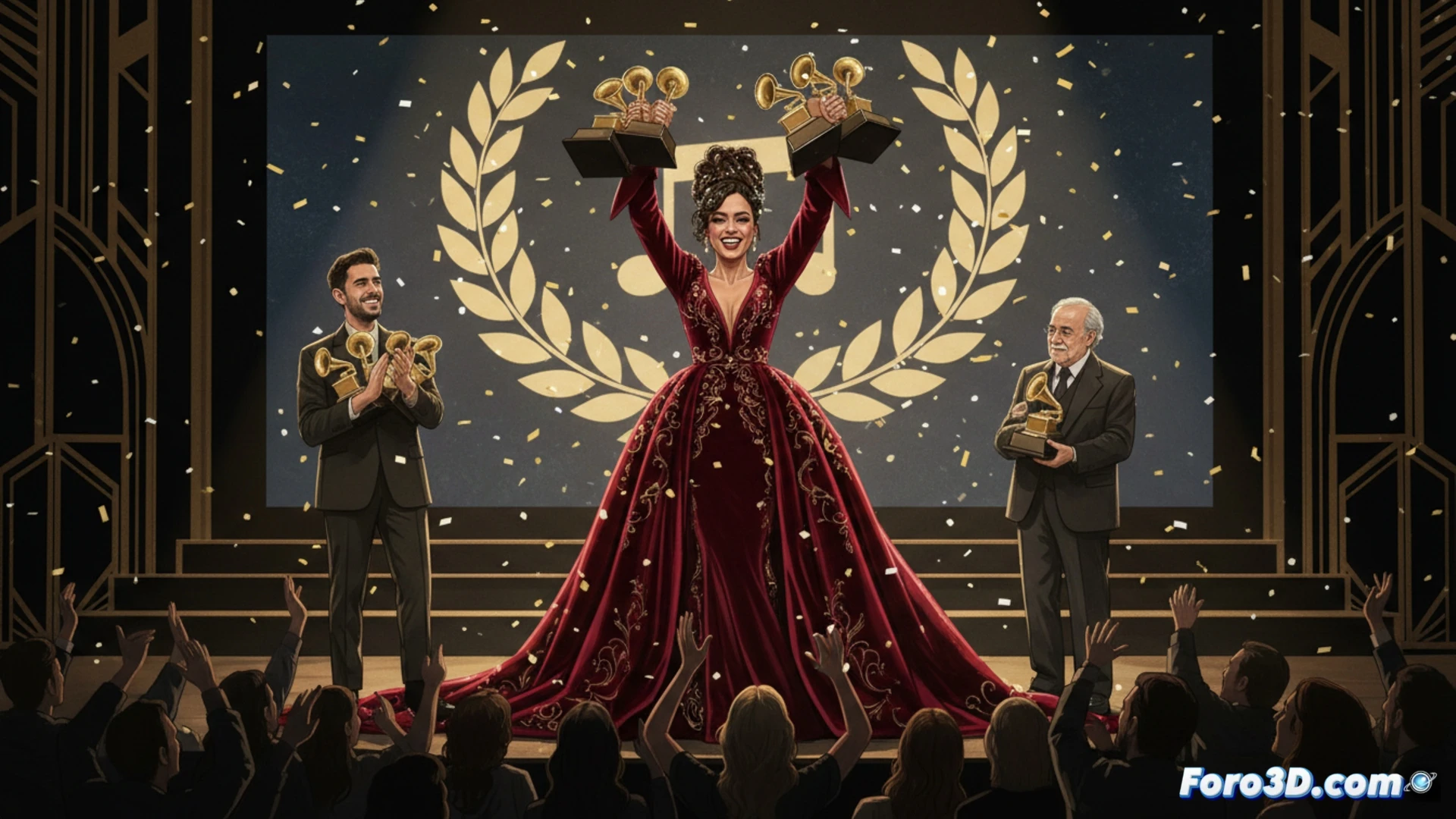 Rosalía sosteniendo un micrófono dorado en un escenario iluminado, recibiendo una placa de premio de manos de un presentador, mientras detrás brillan ocho trofeos alineados sobre un pedestal metálico, con reflectores de concierto creando haces de luz blanca y azul, público vitoreando en primer plano desenfocado, cables de audio y monitores de estudio visibles en el fondo, estilo cinematográfico con textura de grano fino, iluminación dramática tipo spotlight, photorealistic technical render, alta definición, acción de entrega de galardón durante la ceremonia.