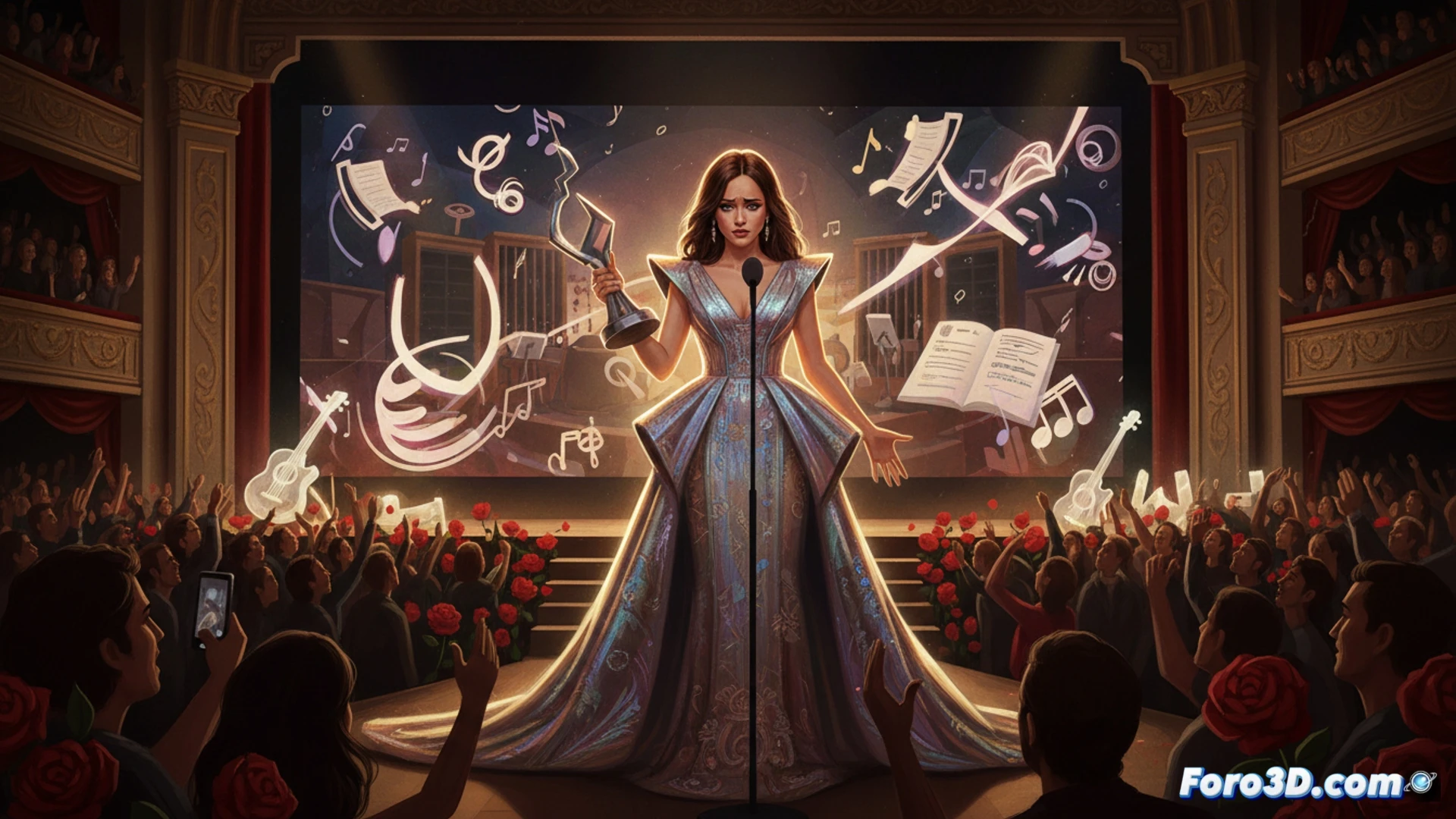Rosalía en el escenario sosteniendo un micrófono plateado frente a un atril, luces de gala británica iluminando su rostro, mientras con la otra mano sostiene un cuaderno abierto con partituras musicales y notas manuscritas borrosas, gesto de incertidumbre en su expresión, fondo con pantallas LED mostrando ondas de audio y espectrogramas, primer plano de cables de audio y mezcladores analógicos, estilo cinematográfico, iluminación cálida de foco central, sombras dramáticas, textura de terciopelo rojo en el telón, photorealistic technical render.