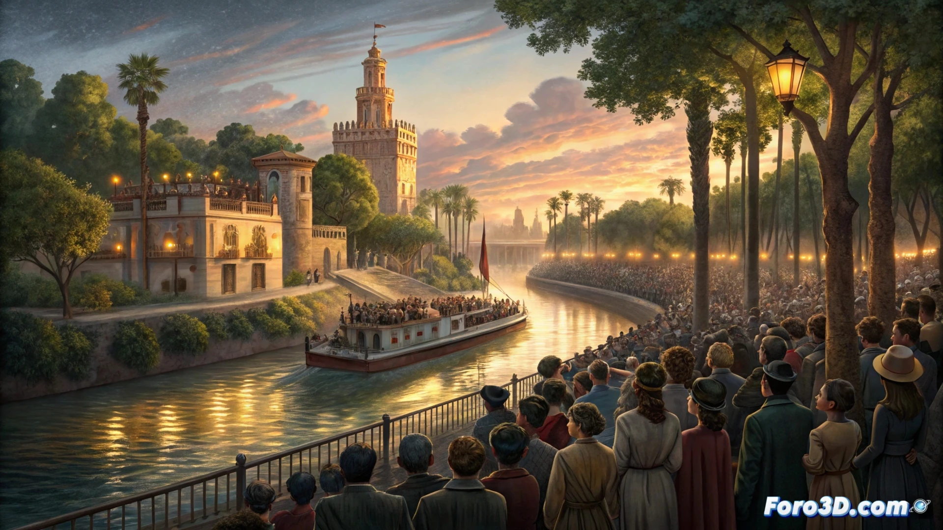 Atardecer en el Guadalquivir, público expectante junto al río, y Rosalía en un escenario flotante iluminado.