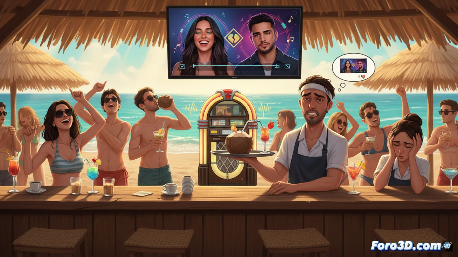 sunset beach bar packed with tourists dancing to pop music, sweat dripping from foreheads, bartender grimacing while polishing a glass, portable speaker on counter blasting sound waves, blender motor running with ice chunks spinning, foam overflowing from mixer, heat haze rising from grill, condensation trails on cold beer taps, cinematic photorealistic illustration, gritty documentary style, harsh golden hour light, deep shadows on tired waiter face, blurred crowd in background, hyperdetailed textures of wood counter and glass bottles, technical precision in kitchen equipment and audio gear