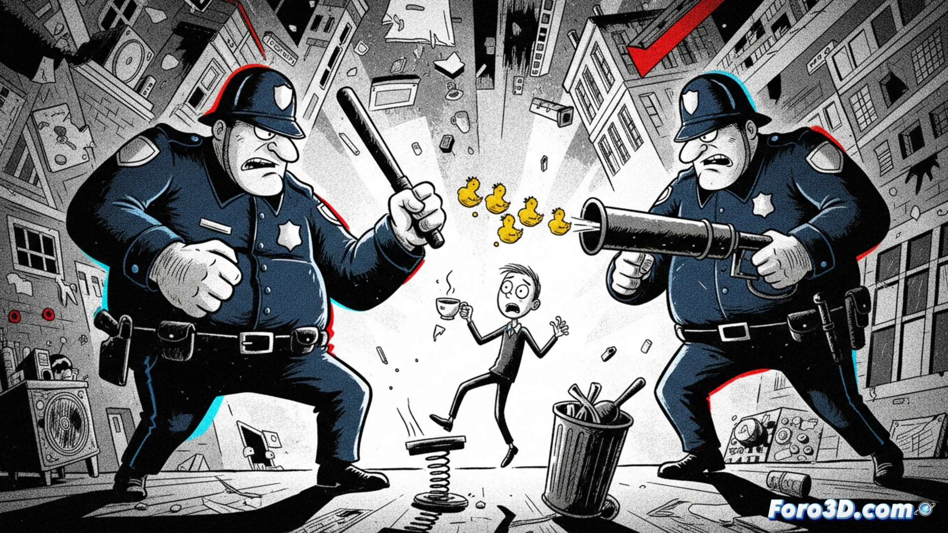 animación rotoscópica sobre fondo negro, silueta de un policía francés levantando una porra mientras un manifestante cae al suelo congelado en movimiento, líneas de acción rojas y azules trazando el impacto, textura de fotograma a fotograma con lápiz digital, estilo cinematográfico oscuro, luces de neón parpadeantes reflejadas en el casco antidisturbios, movimiento frenético de cámara temblorosa, partículas de polvo y humo gris, composición plana con contraste dramático, técnica de animación digital mostrando el proceso de dibujo sobre capas semitransparentes