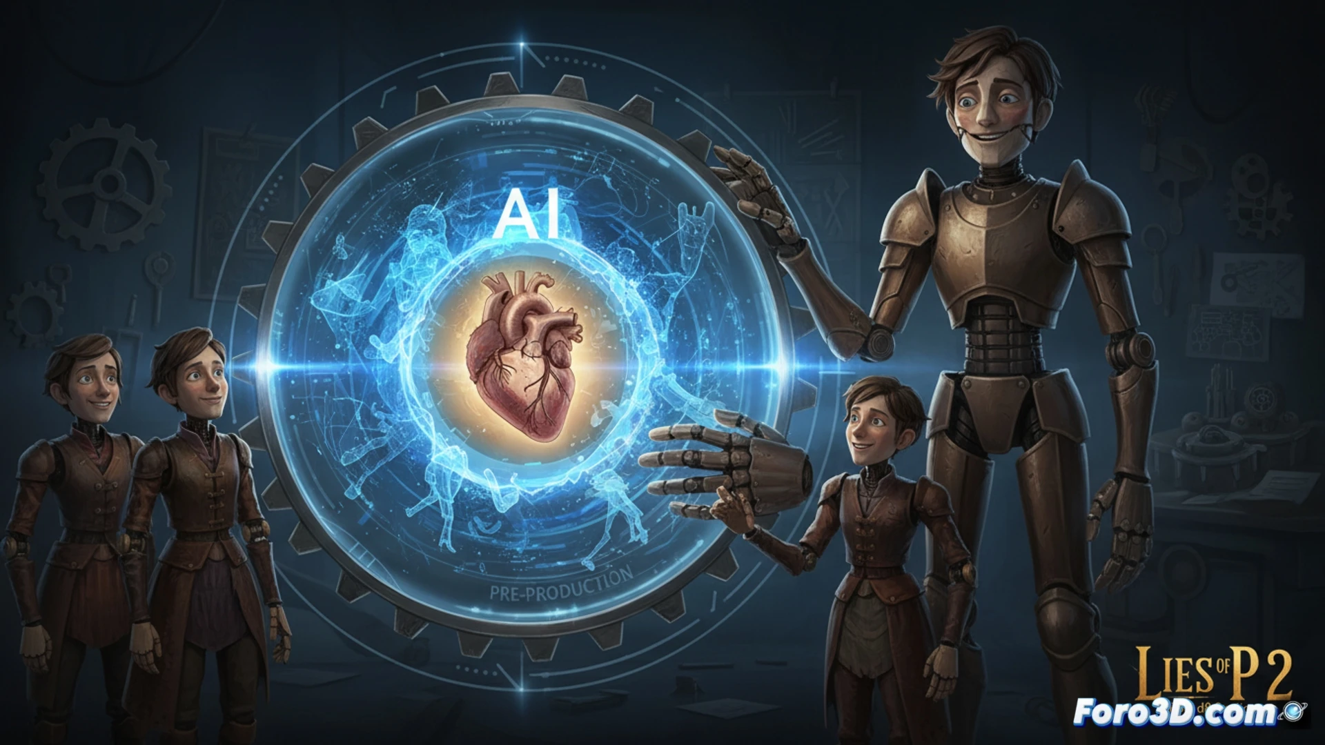 Lies of P 2 desarrollador, con fondo de bocetos borrosos y una figura robótica creando un concepto inicial.