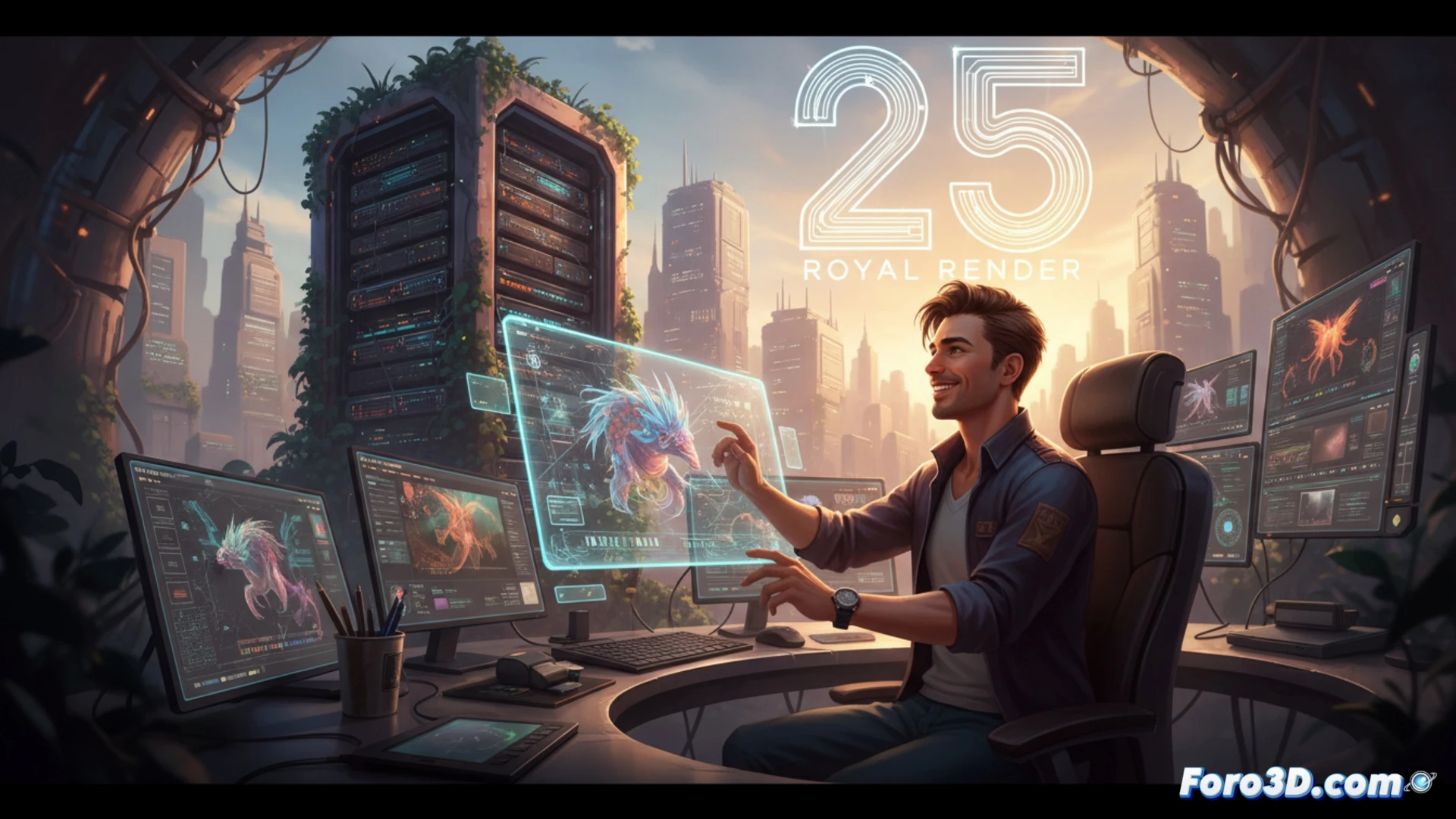 Renderizado artistico y gestor de servidores en un 25 aniversario, con interfaz centrada en el creador