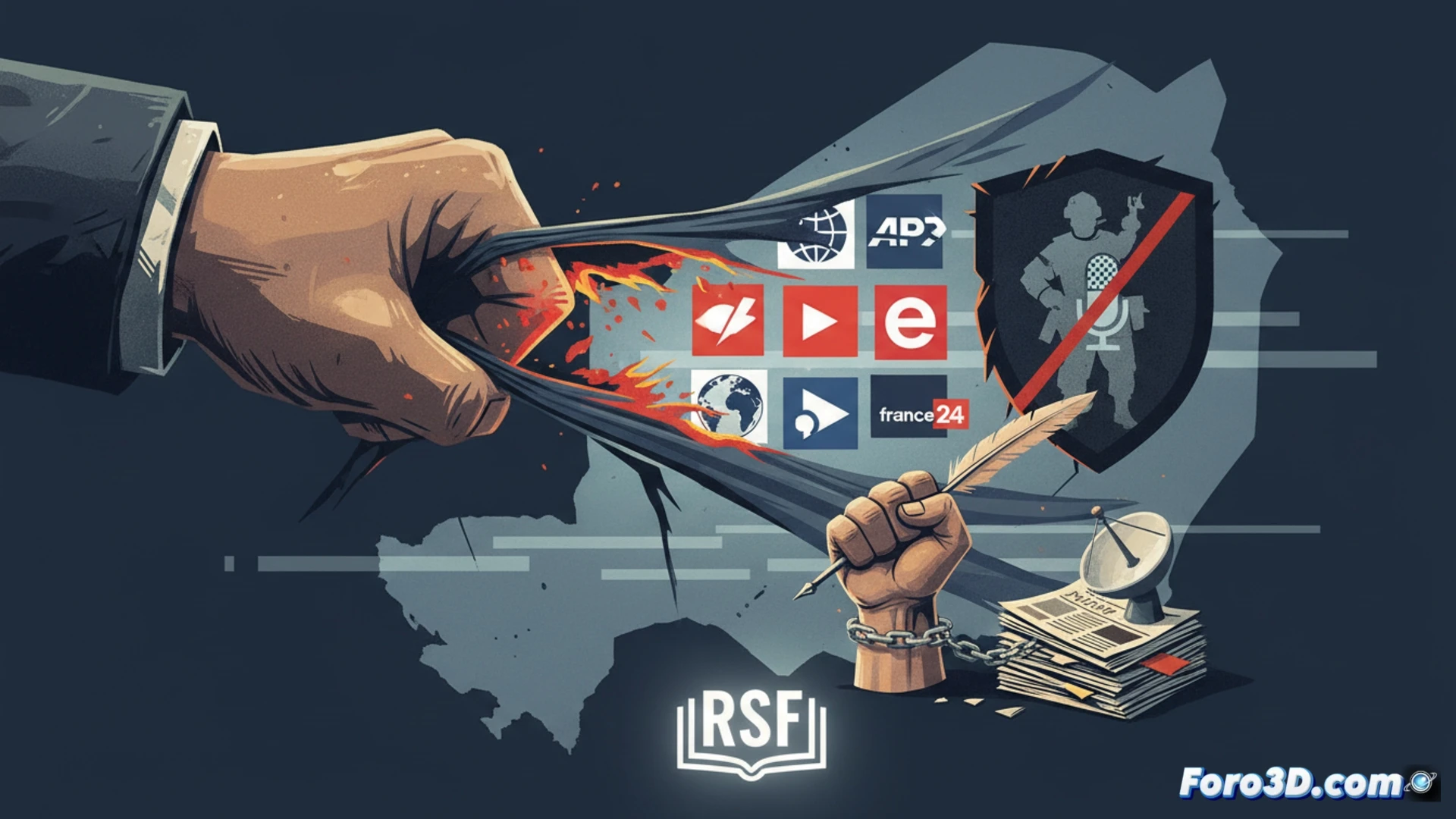 Un mapa de Níger con nueve cruces rojas sobre logos de medios franceses, junto a un micrófono roto y el logo de RSF.