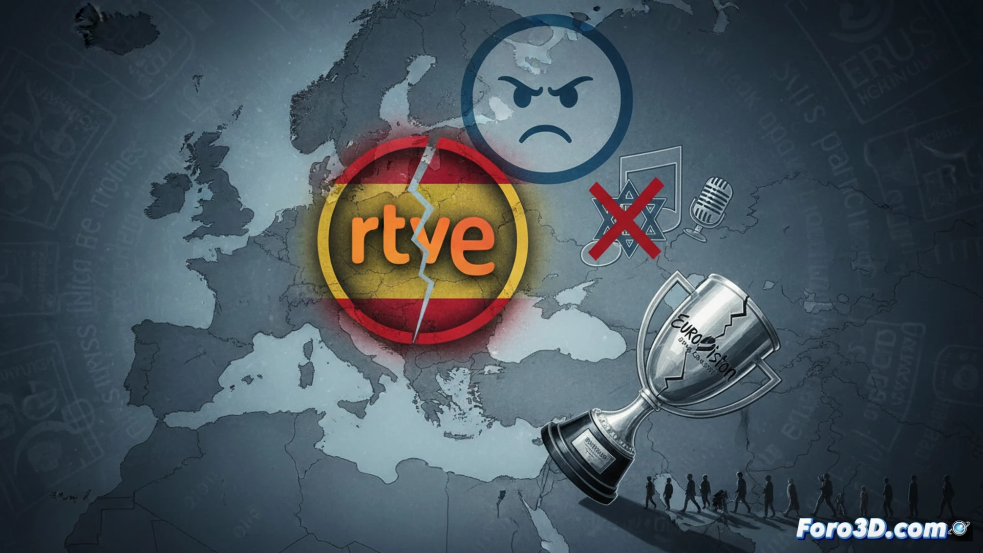 DESCRIPCIÓN: Un micrófono de Eurovisión apagado y caído, con la bandera de España y el logo de RTVE tachados en rojo, sobre fondo oscuro.
