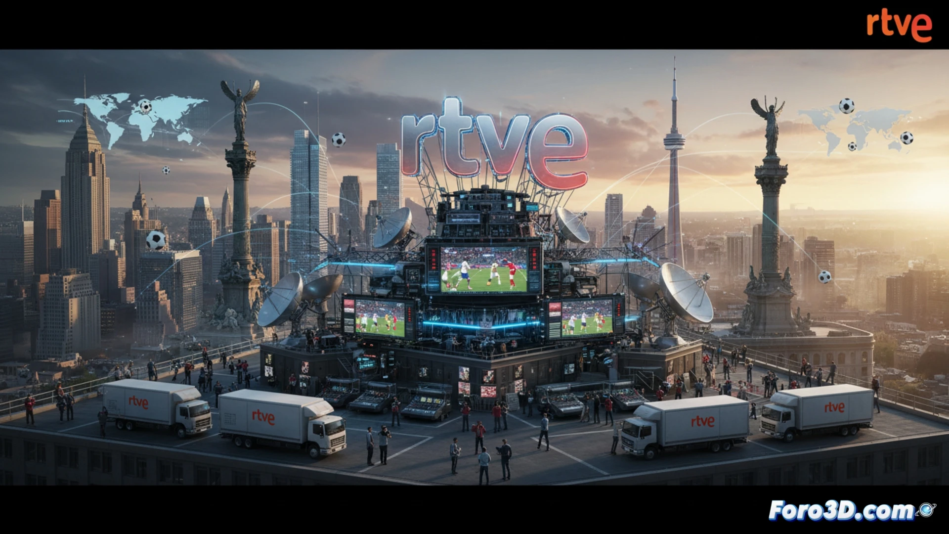 RTVE broadcast control room in full operation during World Cup 2026, technical team adjusting multiple video feeds on a massive curved monitor wall, live match footage from USA Canada Mexico displayed simultaneously, engineers monitoring audio mixing consoles and signal routing panels, camera operators coordinating from remote studios, cinematic photorealistic technical illustration, dynamic blue and red LED lighting, holographic data overlays showing bandwidth and latency metrics, ultra-detailed broadcast equipment racks, intense professional atmosphere, hyper-realistic engineering visualization
