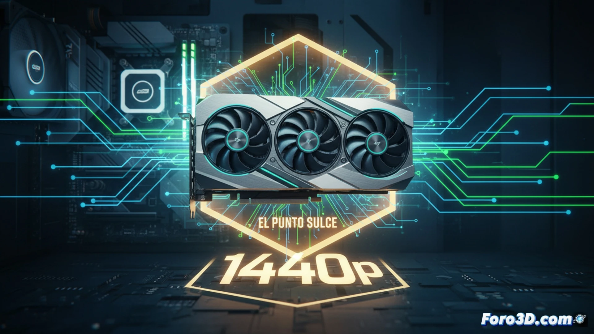 GeForce RTX 4070 Super graphics card installed inside a transparent PC case, mid-assembly process showing a technician’s gloved hand inserting the GPU into a PCIe slot, motherboard illuminated by subtle RGB lights, cooling fans spinning with motion blur, ray tracing reflections visible on a nearby 1440p monitor displaying a game scene with realistic shadows, desk cluttered with screwdrivers and thermal paste, cinematic photorealistic technical illustration, industrial dark lighting with cool blue and silver tones, ultra-detailed metal heatsink fins and copper heat pipes, dust particles floating in a focused beam of light
