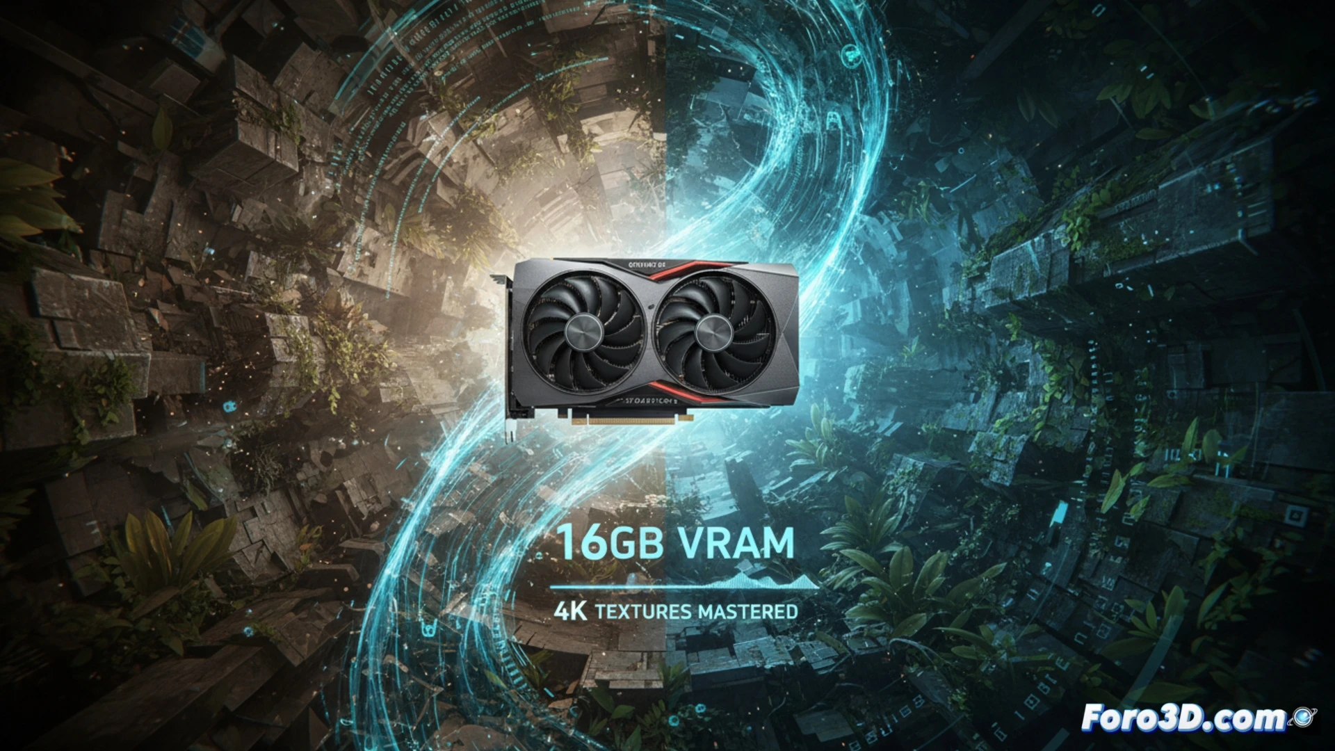 photorealistic technical illustration of a high-end graphics card with 16GB VRAM label on PCB, handling massive 4K texture files in real-time, GPU die glowing under load, heat pipes and copper heatsink visible, cables transmitting data streams, cinematic engineering visualization, dramatic blue and orange lighting, ultra-detailed components, macro shot showing memory modules and power phases, action of texture mapping process demonstrated through abstract data flow lines connecting to a 4K monitor in background, realistic industrial render
