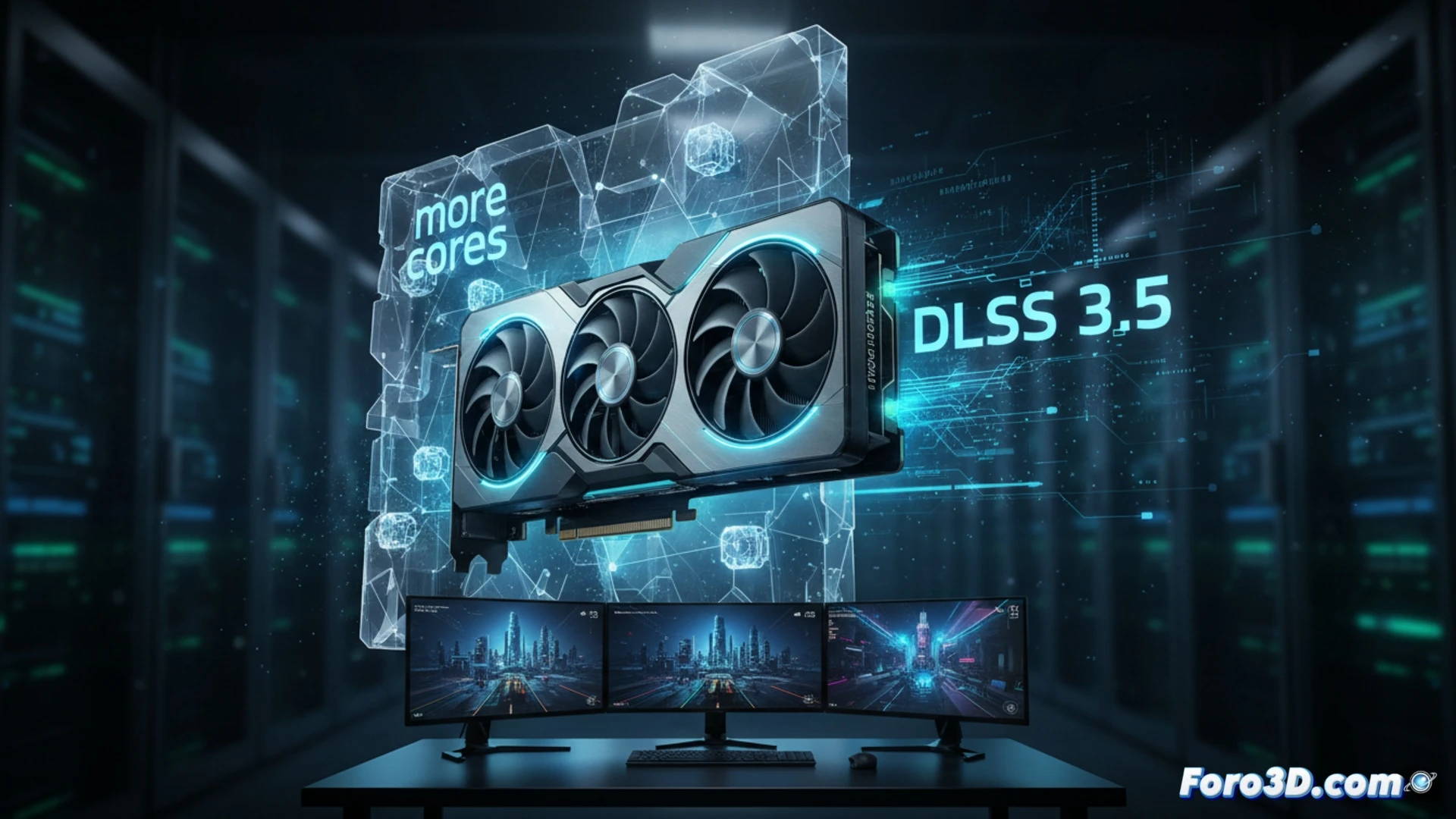 NVIDIA GeForce RTX 4080 Super graphics card installed inside an open PC case, cool blue LED lighting illuminating the metallic heatsink and dual axial fans spinning rapidly, a 4K monitor in the background displaying a real-time ray tracing scene with reflective glass surfaces and volumetric fog, a digital multimeter measuring power draw on the GPU power connectors, a 3D modeling software interface showing a complex wireframe mesh being rendered, cinematic engineering visualization, photorealistic technical illustration, sharp focus on the GPU backplate with Ada Lovelace engraving, subtle motion blur on fan blades, industrial dark ambient lighting