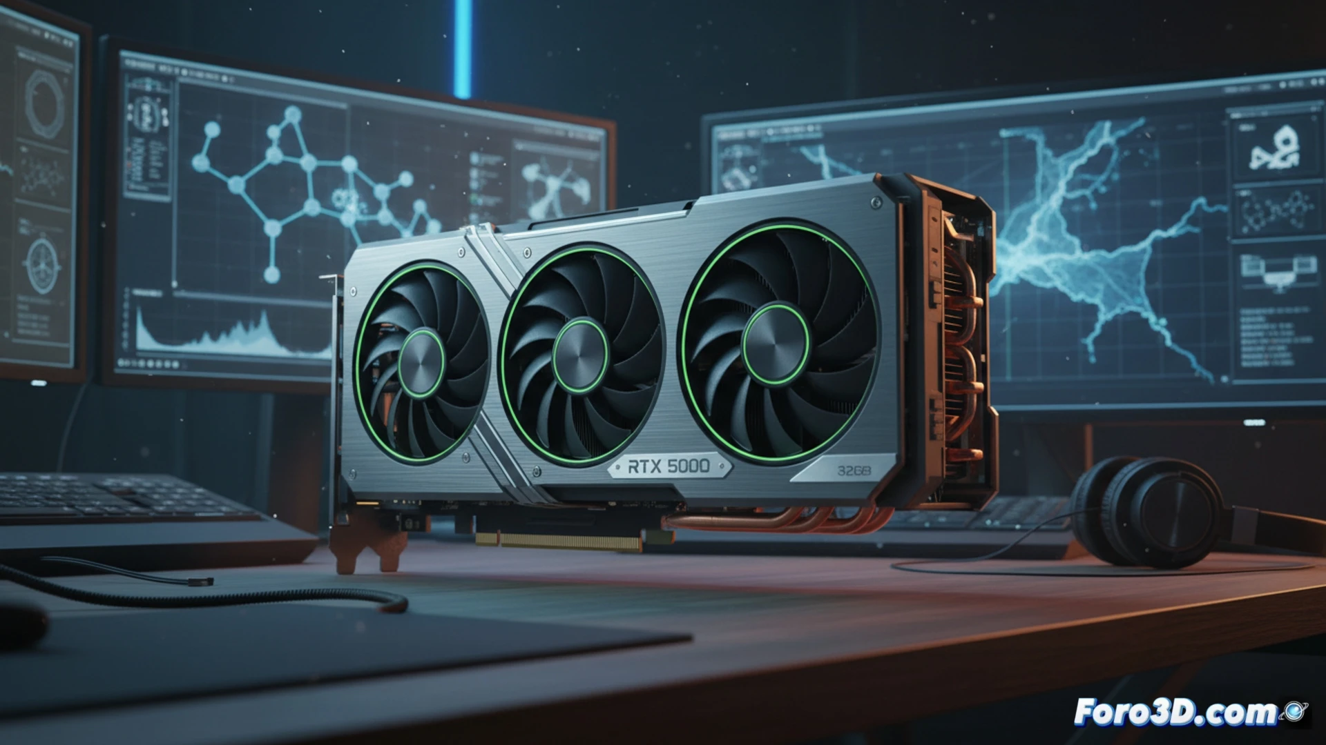 Professional workstation GPU installation scene, RTX 5000 Ada graphics card being inserted into an open workstation chassis, focused lighting on the card's cooling fins and 32GB ECC memory modules, adjacent monitor displaying a complex 3D architectural render with wireframe overlays and simulation data, engineering software interface visible with real-time ray tracing, dark metallic motherboard background, subtle blue LED glow from adjacent components, technical illustration style, photorealistic industrial aesthetics, sharp focus on GPU edge connectors and PCB traces, cinematic composition with dramatic shadows