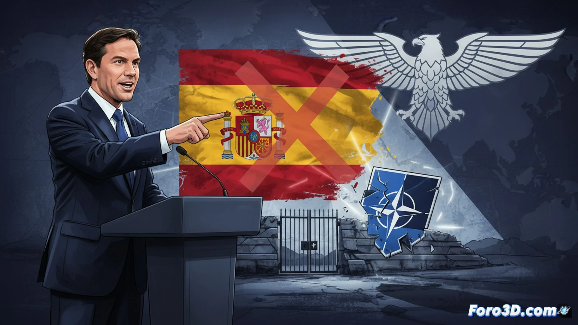 Marco Rubio standing at a podium in Miami airport terminal, pointing at a holographic NATO map projection showing Spanish military bases marked with red X symbols, while a digital screen behind him displays a fading NATO flag transforming into a broken shield, cinematic photorealistic political visualization, dramatic blue and red lighting, polished marble floor reflecting podium lights, security agents visible in background, serious diplomatic tension, ultra-detailed facial expression with critical gaze, professional press conference setting