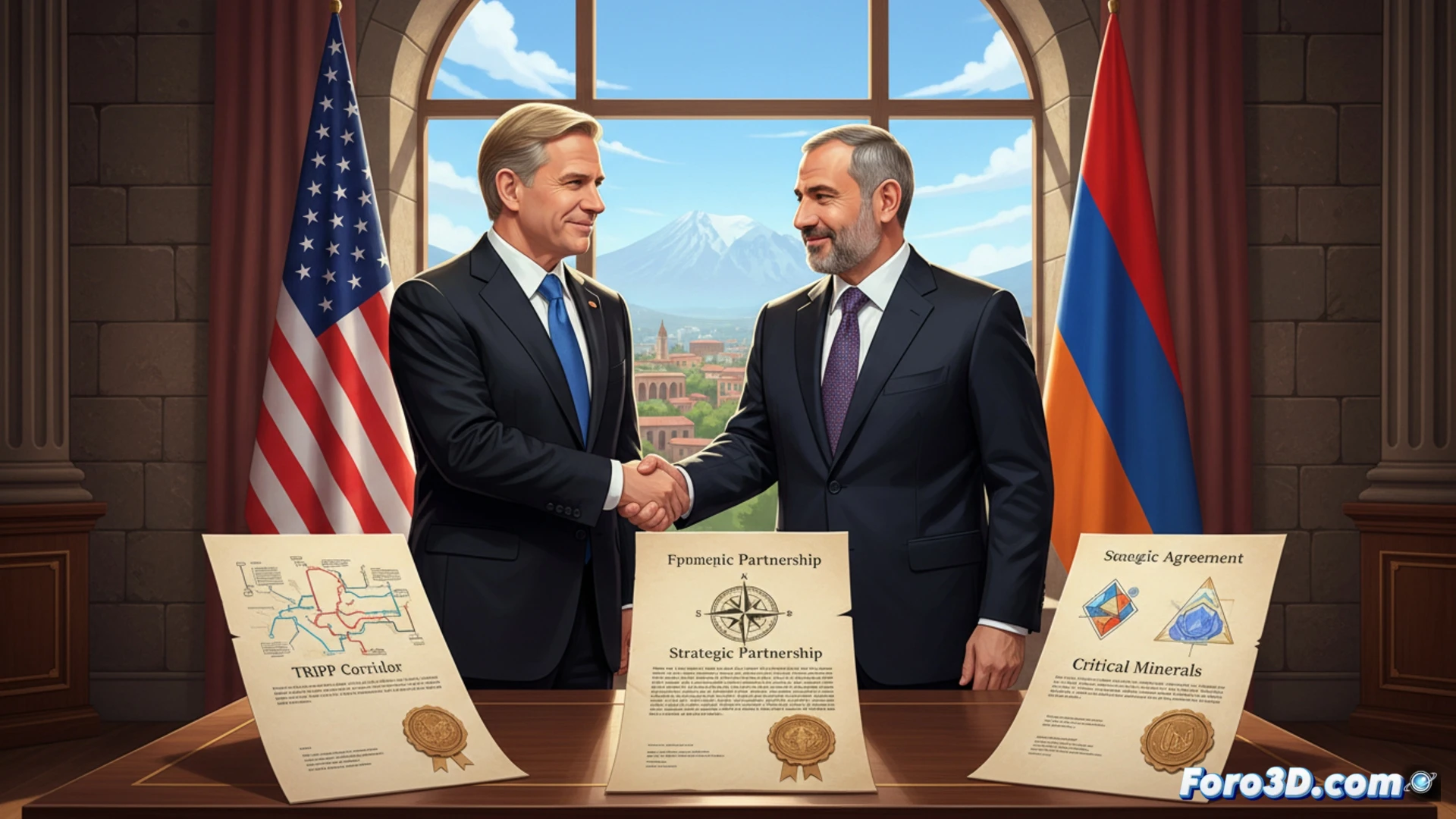 Marco Rubio and Nikol Pashinyan seated at a polished negotiation table, signing a document titled Strategic Partnership Agreement, a digital map of the TRIPP corridor glowing on a holographic screen behind them, mineral resource samples displayed in glass cases, Russian interference accusation files stacked nearby, photorealistic cinematic visualization, intense diplomatic lighting, sharp suits, American and Armenian flags crossed in background, detailed facial expressions showing determination, high-end technical illustration style