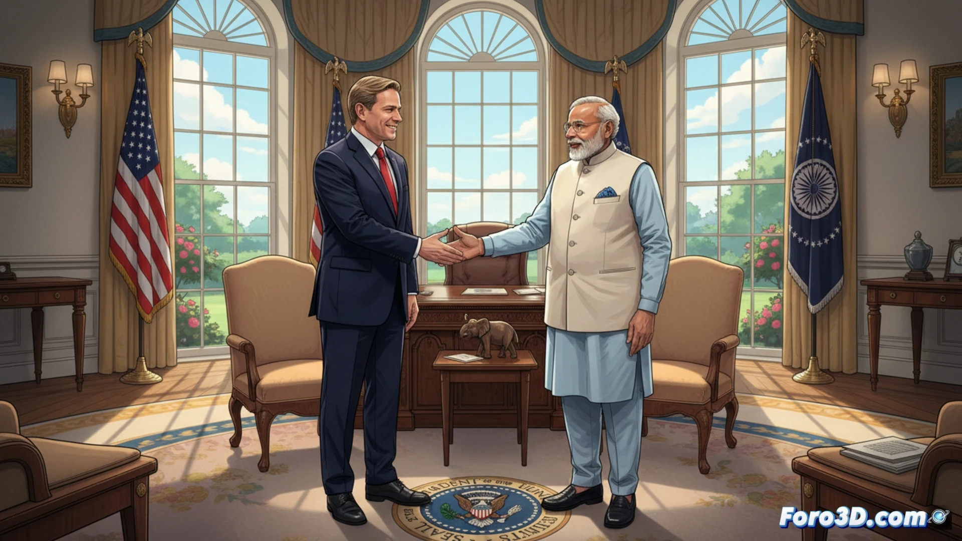 Marco Rubio handing a formal invitation letter to Narendra Modi inside a high-tech Indian government meeting room, both seated at a polished table with digital tablets and secure communication devices, a holographic globe displaying India-US trade routes and satellite connections floating between them, cinematic photorealistic style, warm amber and blue lighting from ceiling panels, American and Indian flags in background, diplomatic security visible through glass doors, ultra-detailed textures on suits and documents, dramatic shallow depth of field focusing on the handshake exchanging the letter