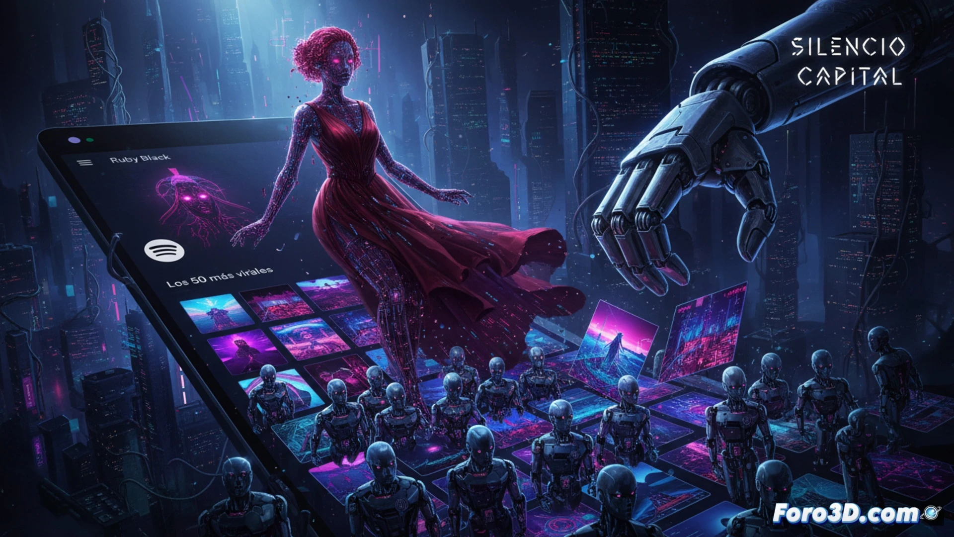 Una silueta de mujer cibernética, Ruby Black, emerge entre notas musicales digitales y un ojo robótico en el centro de un reproductor de Spotify, rodeada de portadas de discos generadas por IA.