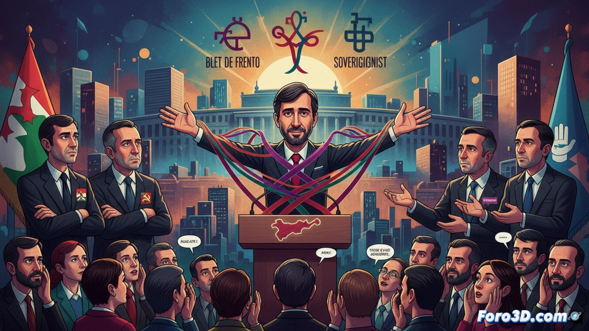 political coalition negotiation scene, three different party representatives standing around a digital conference table, one speaker gesturing with open hands toward a holographic political map showing fragmented regions, other figures crossing arms or leaning back with skeptical expressions, laptop screens displaying party logos and coalition percentages, scattered documents with rejection stamps visible, cinematic photorealistic style, dramatic overhead lighting from a central lamp, modern minimalist meeting room with glass walls, tension visible in body language, realistic textures on wood table and leather chairs, technical visualization of political strategy process
