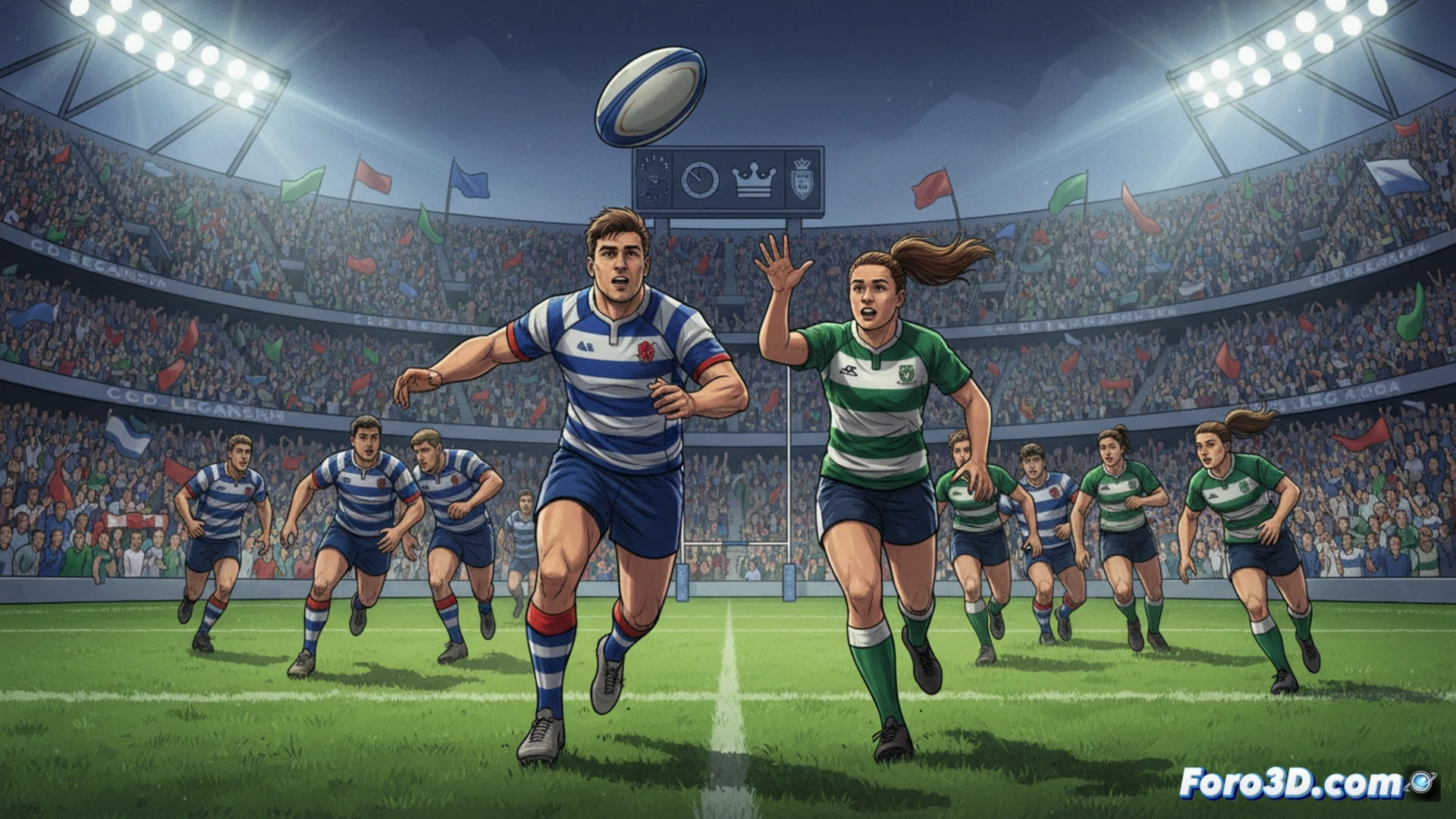 Estadio Butarque abarrotado, dos equipos de rugby en el campo, solapando banderas masculina y femenina, simbolizando igualdad.