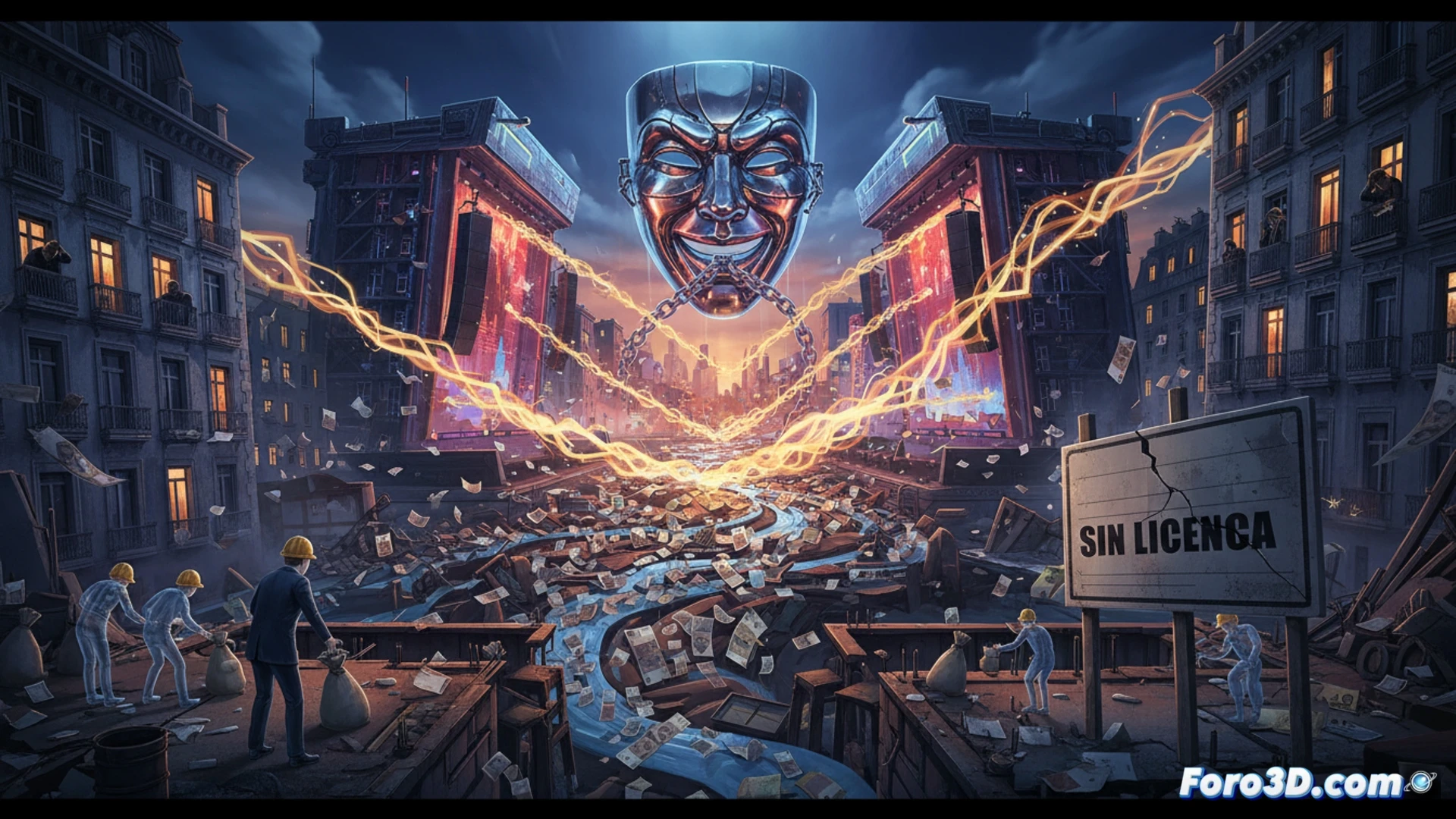 large construction crane towering over a half-built stadium at night, glowing luxury event lights clashing with darkened residential buildings in background, construction workers hammering steel beams without safety permits visible, soundwave visualizer showing illegal decibel levels rising from the site, blueprints stamped sin licencia crossed out in red, a municipal official turning away ignoring noise complaints, photorealistic technical illustration, cinematic contrast between bright spectacle and shadowed homes, industrial dust particles in air, dramatic low-angle shot highlighting the hypocrisy of prestige over community welfare