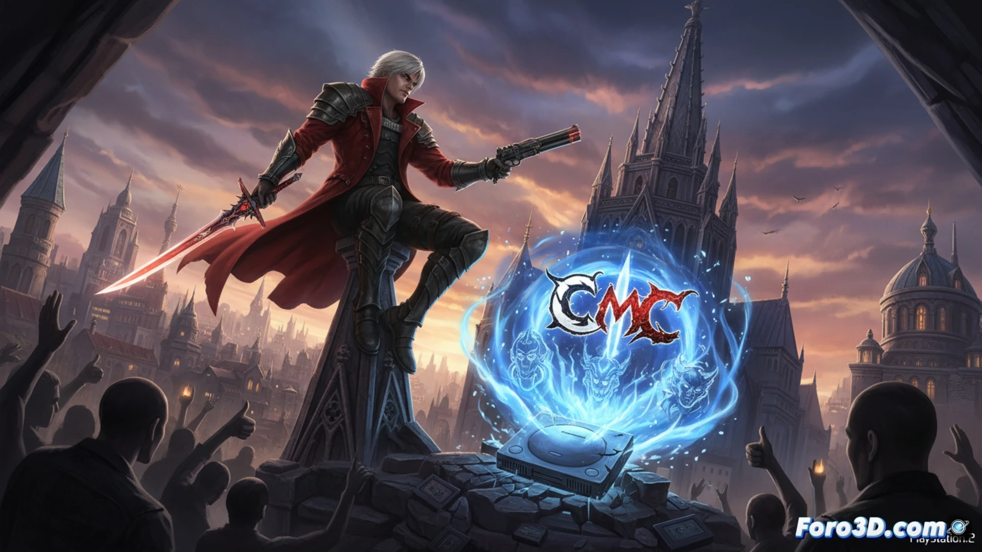 Una silueta de Dante con su icónica gabardina roja y espada Rebellion, rodeada de niebla digital y fragmentos de código de videojuego, sobre un fondo oscuro con el logo de Capcom.
