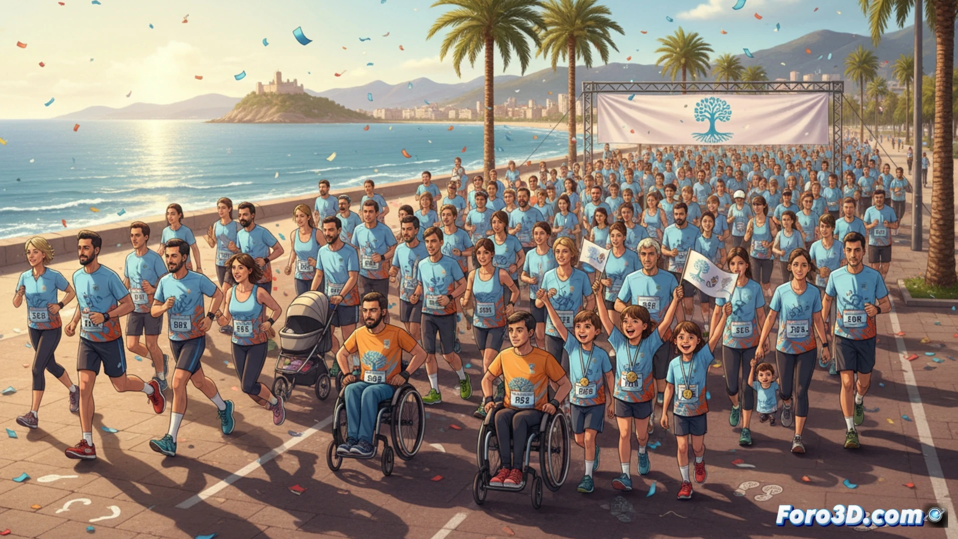 large crowd of 832 runners crossing a sunny coastal starting line, colorful race bibs and wheelchair participants leading, children holding commemorative medals, a digital timing board showing 832 participants, Parkinson awareness blue ribbons on shirts, inclusive action with walkers and wheelchairs moving together, photorealistic cinematic style, golden hour sunlight streaming through palm trees, motion blur on running legs, vibrant event banners in background, technical race infrastructure with start arch and barriers, ultra-detailed fabric textures and medals, dramatic wide-angle perspective capturing the mass start