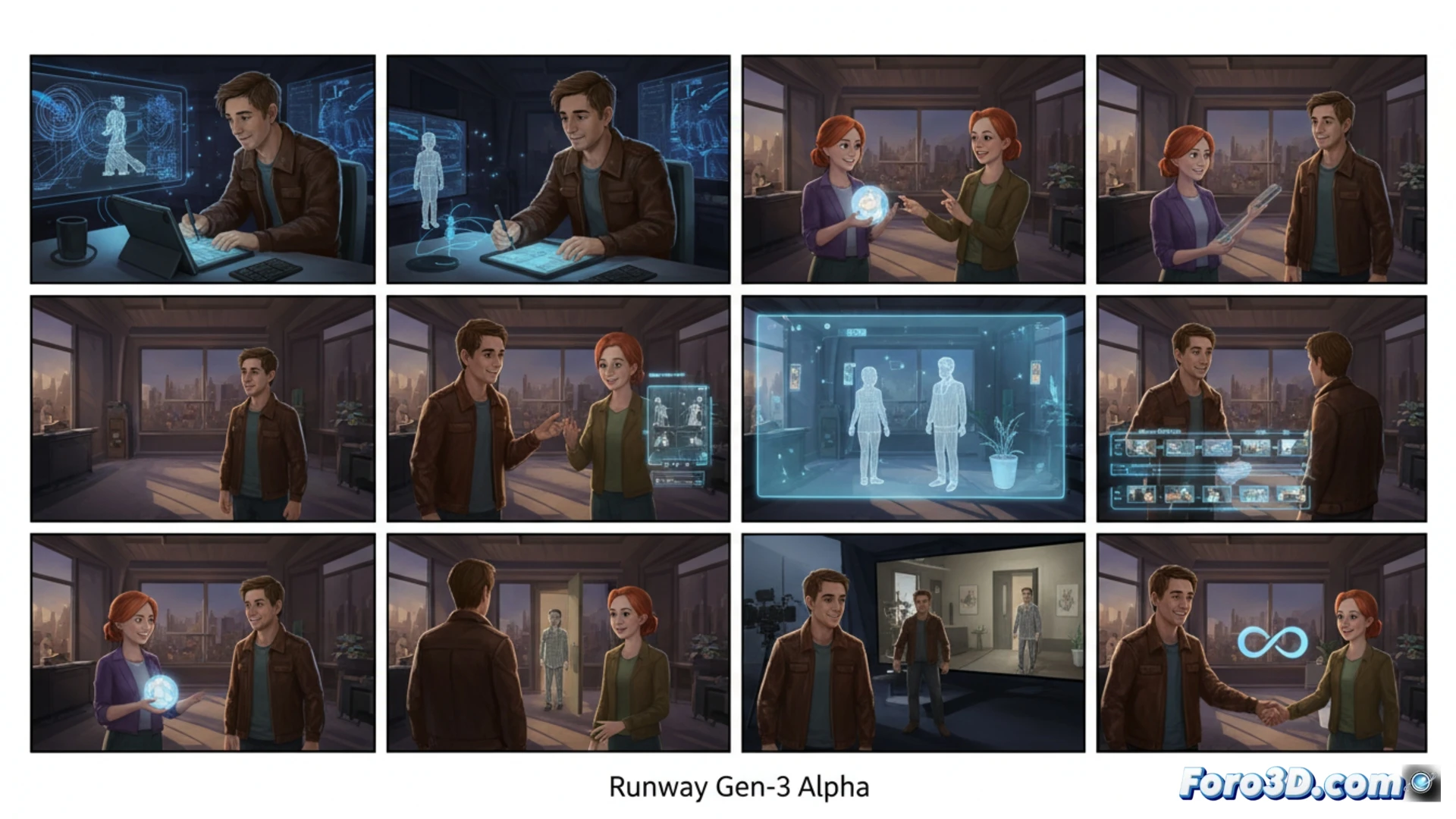 Storyboard generado por Runway Gen-3 Alpha manteniendo continuidad visual de personaje, iluminación y cámara en secuencia cinematográfica