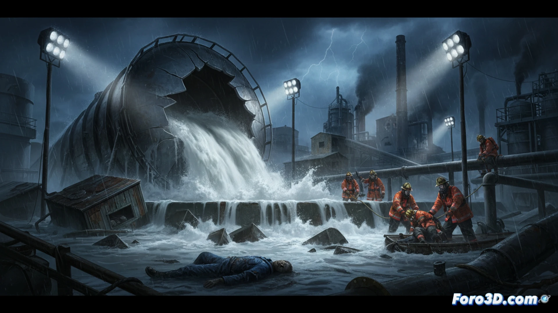Industrial plant disaster scene, massive ruptured steel tank releasing 3.4 million liters of white liquor corrosive liquid, workers fleeing in panic while toxic green-white chemical flood spreads across concrete floor, nine missing workers shown as silhouettes disappearing into toxic mist, rescue teams in hazmat suits moving cautiously near collapsed scaffolding, one firefighter being carried away injured, twisted metal debris and broken pipes visible, emergency lights flashing red and white, dark smoke rising, cinematic photorealistic style, dramatic industrial lighting with steam and chemical vapors, ultra-detailed refinery environment, chaotic action frozen in time