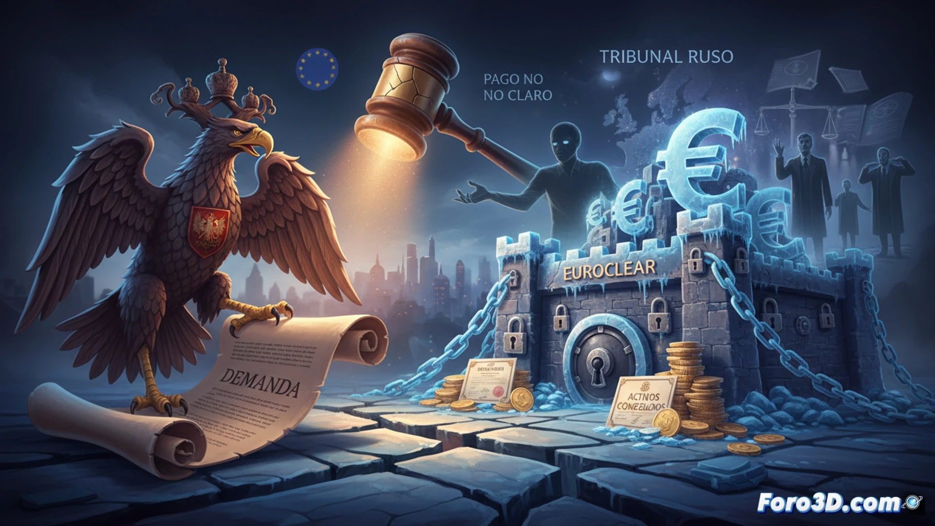 Euroclear vault doors sealed with European Union emblem, Russian central bank gold bars stacked behind bulletproof glass with frost forming on surface, legal documents floating mid-air transforming into chains wrapping around the deposit box, cinematic technical illustration, cold blue metallic lighting, security camera lenses with red inactive LED indicators, dust particles suspended in sterile white room, photorealistic engineering visualization, dramatic shadow contrast showing impossibility of physical access