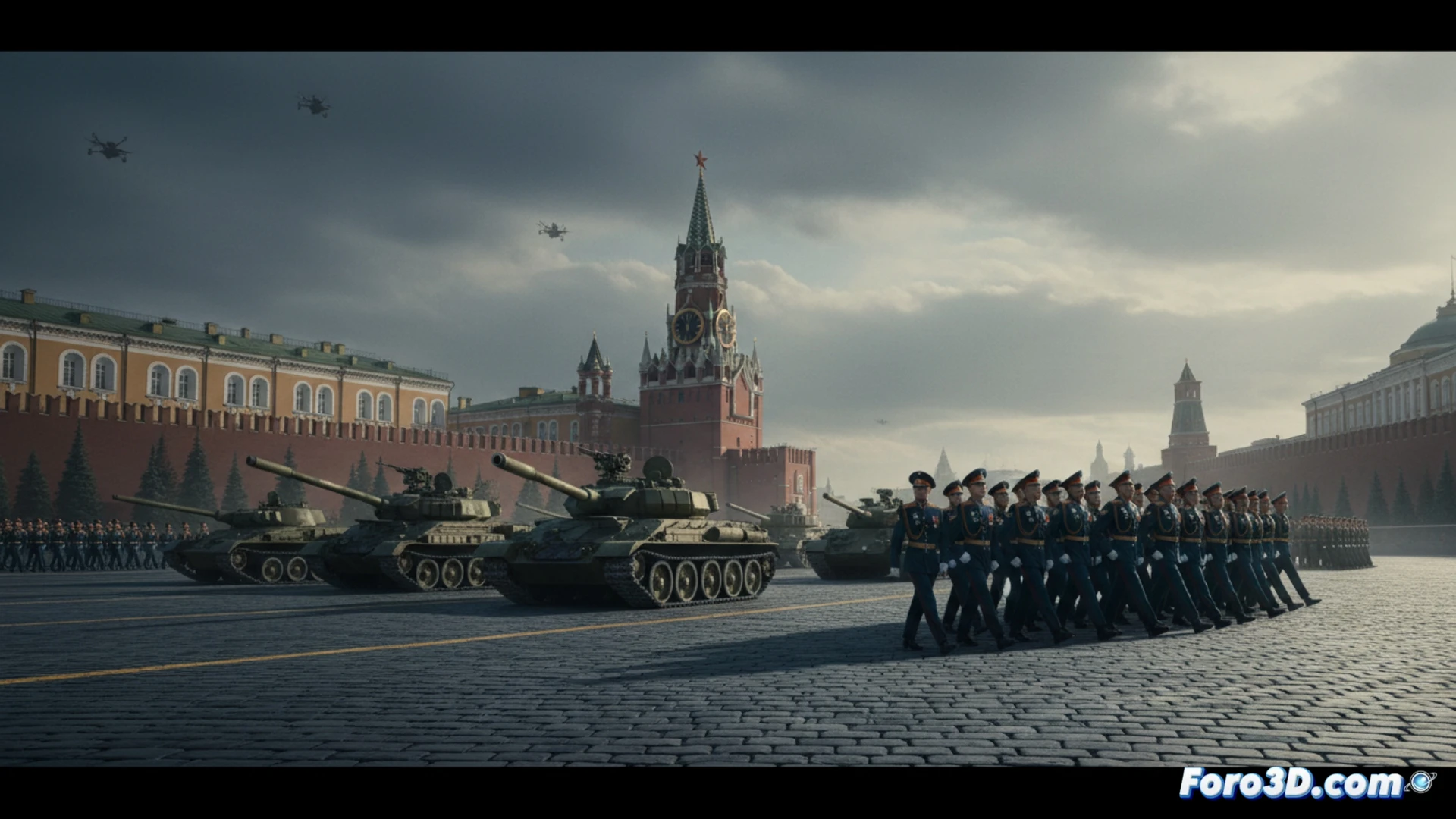 Una fila de tanques y soldados en la Plaza Roja, con cielo nublado y un dron borroso al fondo, reflejando cautela militar.