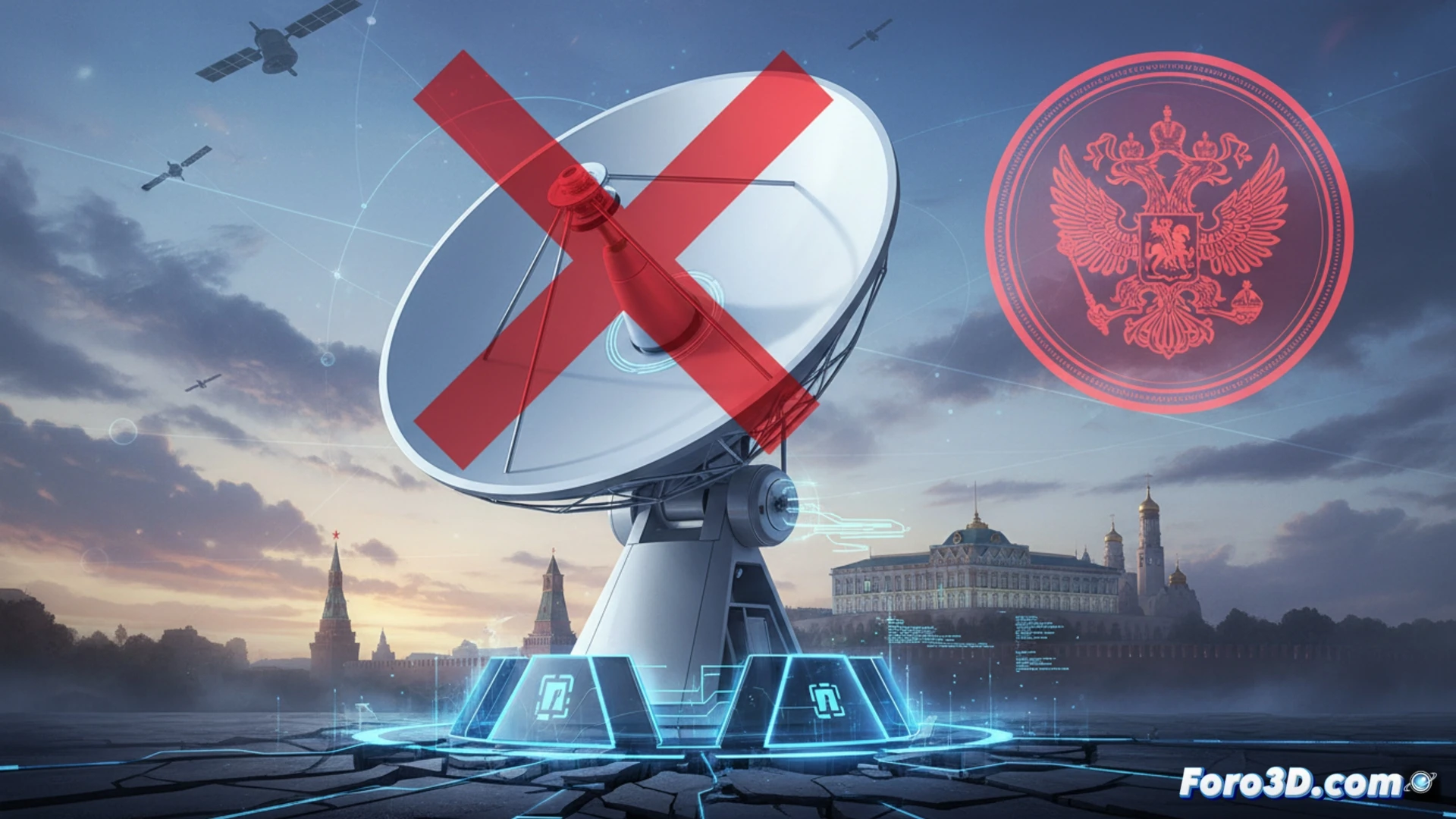 Un mapa de Rusia con una antena satelital tachada en rojo, rodeada de cables cortados y un sello de prohibición.