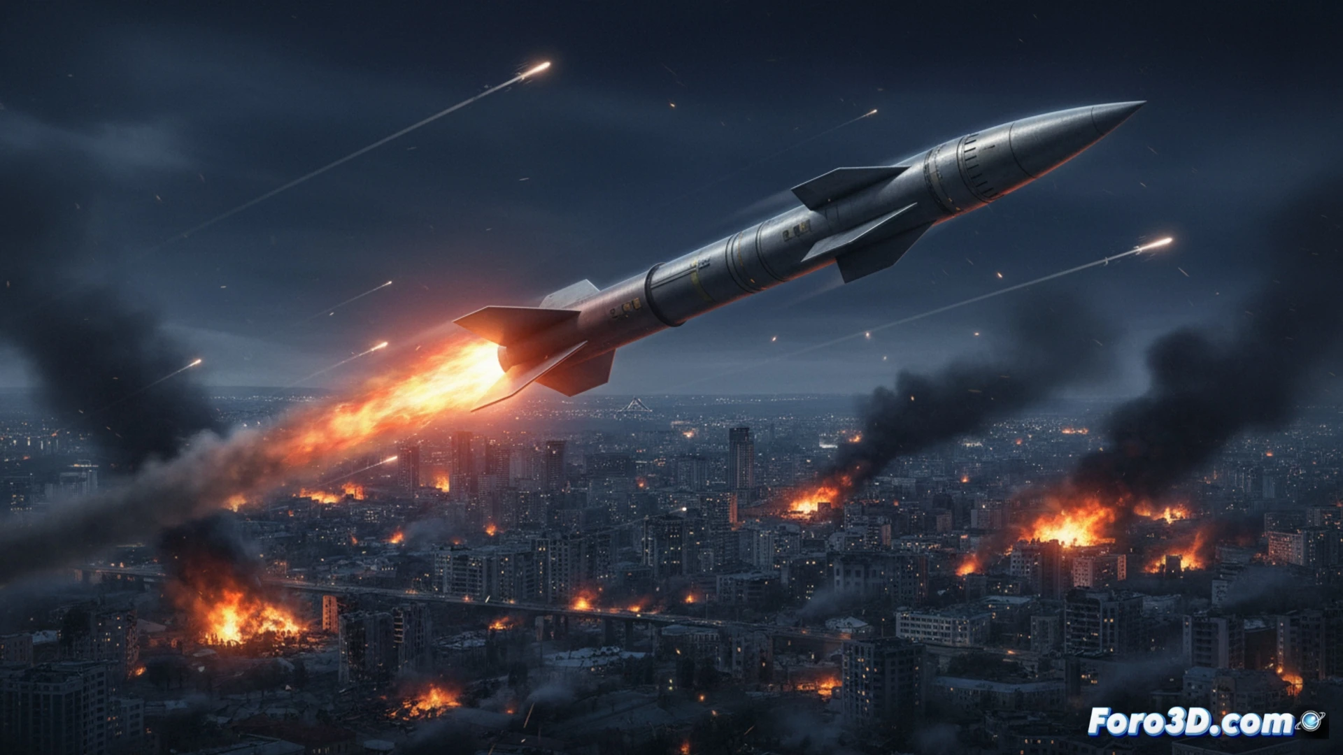 Hypersonic missile Oréshnik streaking over Kiev skyline at extreme velocity, contrails glowing orange from atmospheric friction, Ukrainian air defense radar screens showing multiple incoming tracks, missile body with sharp nose cone and small maneuvering fins, exhaust plume creating shockwave rings, city buildings below with emergency lights flashing, dark storm clouds overhead, cinematic technical visualization, photorealistic military engineering render, dramatic low-angle shot, intense orange and blue color contrast, motion blur on missile, detailed surface panel lines on warhead