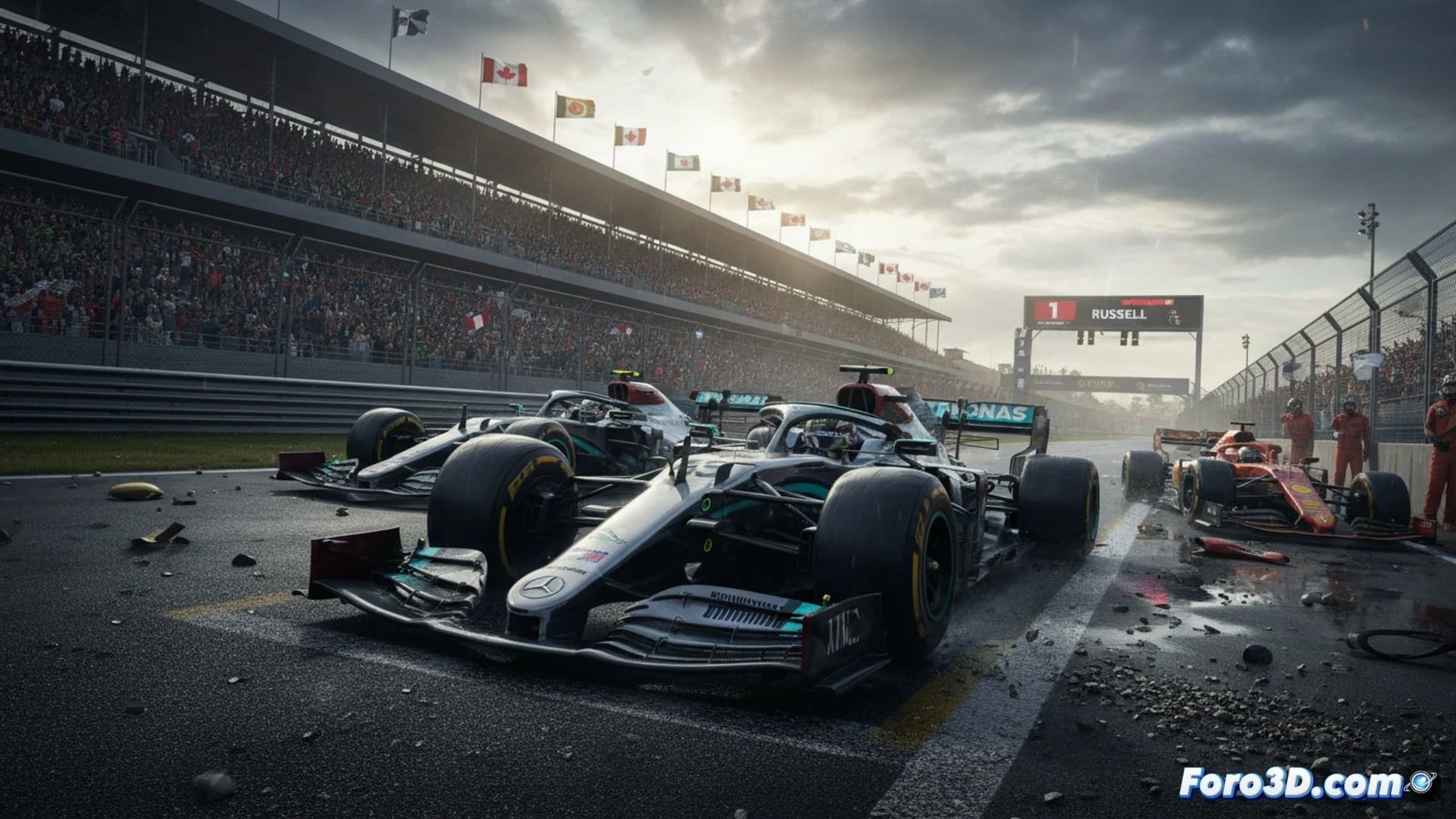 Mercedes F1 pit wall during chaotic Canadian GP qualifying, George Russell’s silver W16 braking hard into Turn 10, rear wing DRS flap open, Kimi Antonelli’s identical car inches behind in a slipstream battle, tyre smoke rising from hot 33°C asphalt, telemetry screens showing lap time delta flashing red, engineers gesturing frantically over radio headsets, pit boards with tyre temperature data visible, photorealistic cinematic motorsport render, dramatic afternoon sunlight through Montreal clouds, carbon fibre details with heat haze distortion, technical engineering visualization