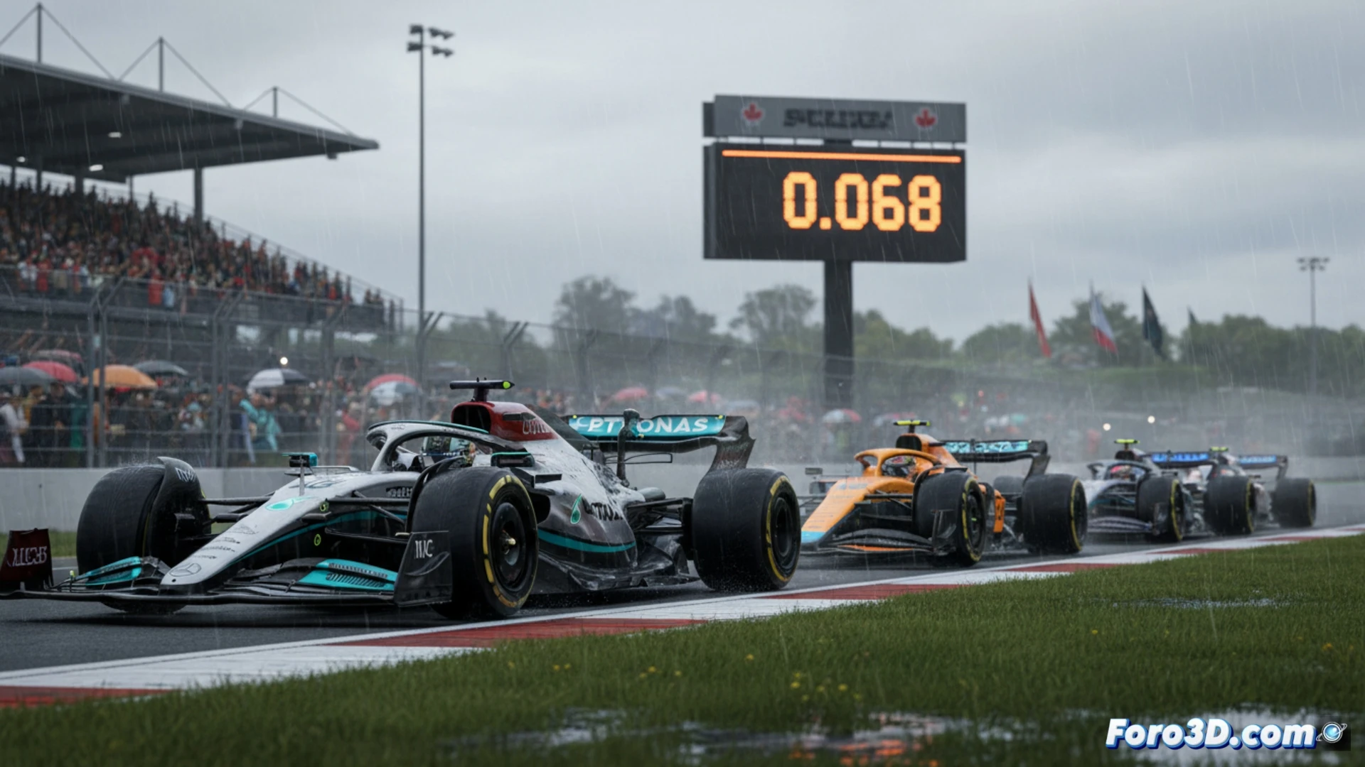 F1 pit lane moment of victory, George Russell's Mercedes W16 crossing finish line with timing screen showing 0.068 seconds gap to Kimi Antonelli's car behind, front wing flexing under braking, tire smoke rising from hot slicks, crew celebrating with raised fists and headphones, carbon fiber body reflecting pit lights, telemetry data streams on monitors in background, cinematic photorealistic engineering visualization, dramatic sunset lighting through pit canopy, ultra-detailed suspension components and brake glow, motion blur on rotating wheels