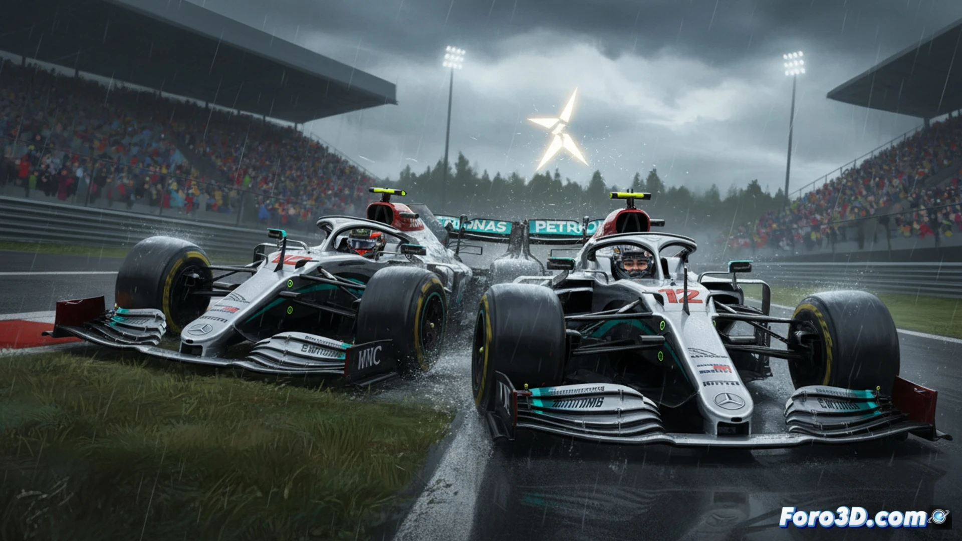 Two Formula 1 cars wheel-to-wheel on a wet Montreal circuit, silver Mercedes W16 squeezing red T-cam car toward damp grass at Turn 6, front wing endplate contacting rear tire during aggressive defensive move, carbon fiber sparks visible, tire smoke from locked brakes, rain spray kicking up, cinematic motorsport photography style, low-angle shot capturing tension between drivers, pit wall figures in background reacting, photorealistic race action render, dramatic overcast sky lighting, ultra-detailed aerodynamic surfaces