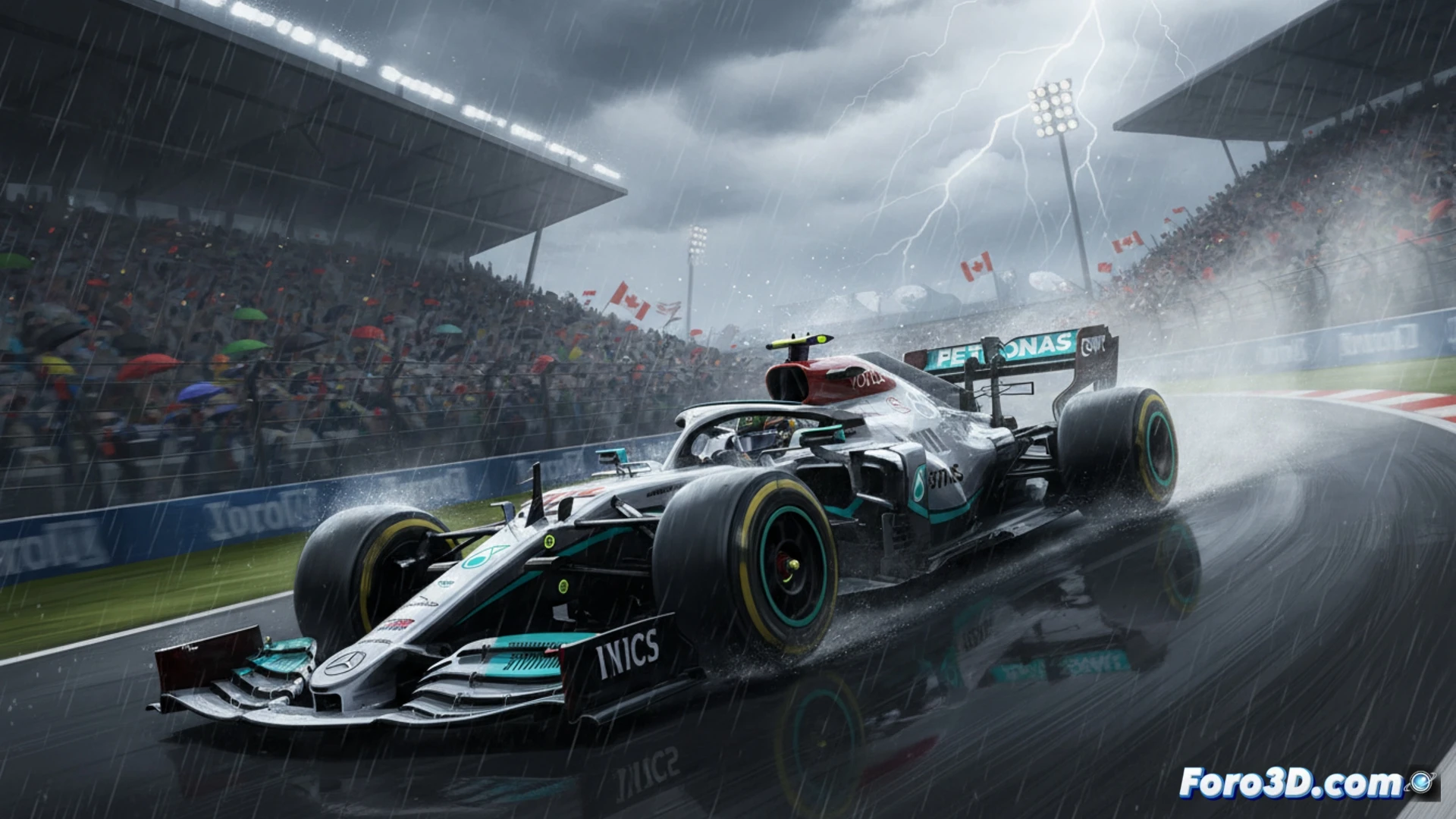 Mercedes W15 racing car sliding through wet chicane at Circuit Gilles Villeneuve during sprint qualifying, rear wing generating visible spray clouds, front tires compressing standing water, wet track surface reflecting pit lane lights, carbon fiber body panels showing aerodynamic flex, brake discs glowing orange under heavy braking, pit crew monitoring telemetry screens in background, cinematic motorsport photography style, motion blur on tire spray, dramatic overcast lighting, ultra-detailed mechanical components, photorealistic technical render