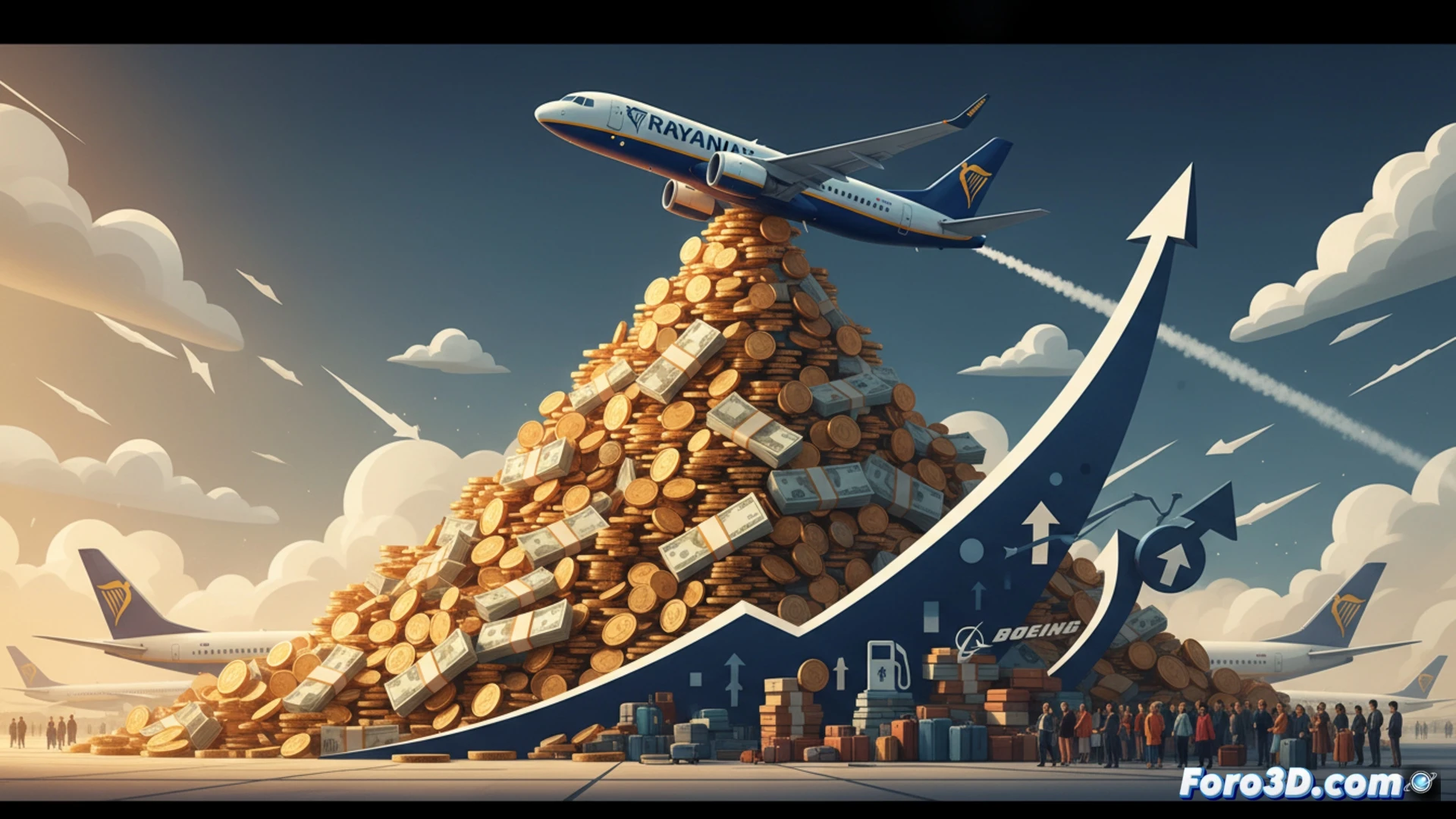 low-cost Boeing 737-800 surrounded by rising euro coins forming a vortex, plane cutting through currency particles with landing gear extended, fuel price volatility graph flickering on wing surface, delayed aircraft silhouettes fading in background, cinematic financial visualization, metallic blue livery reflecting stock market green numbers, motion blur on engines, passenger queue morphing into profit line graph, dramatic sunset lighting over runway, photorealistic economic illustration, ultra-detailed fuselage with data stream particles