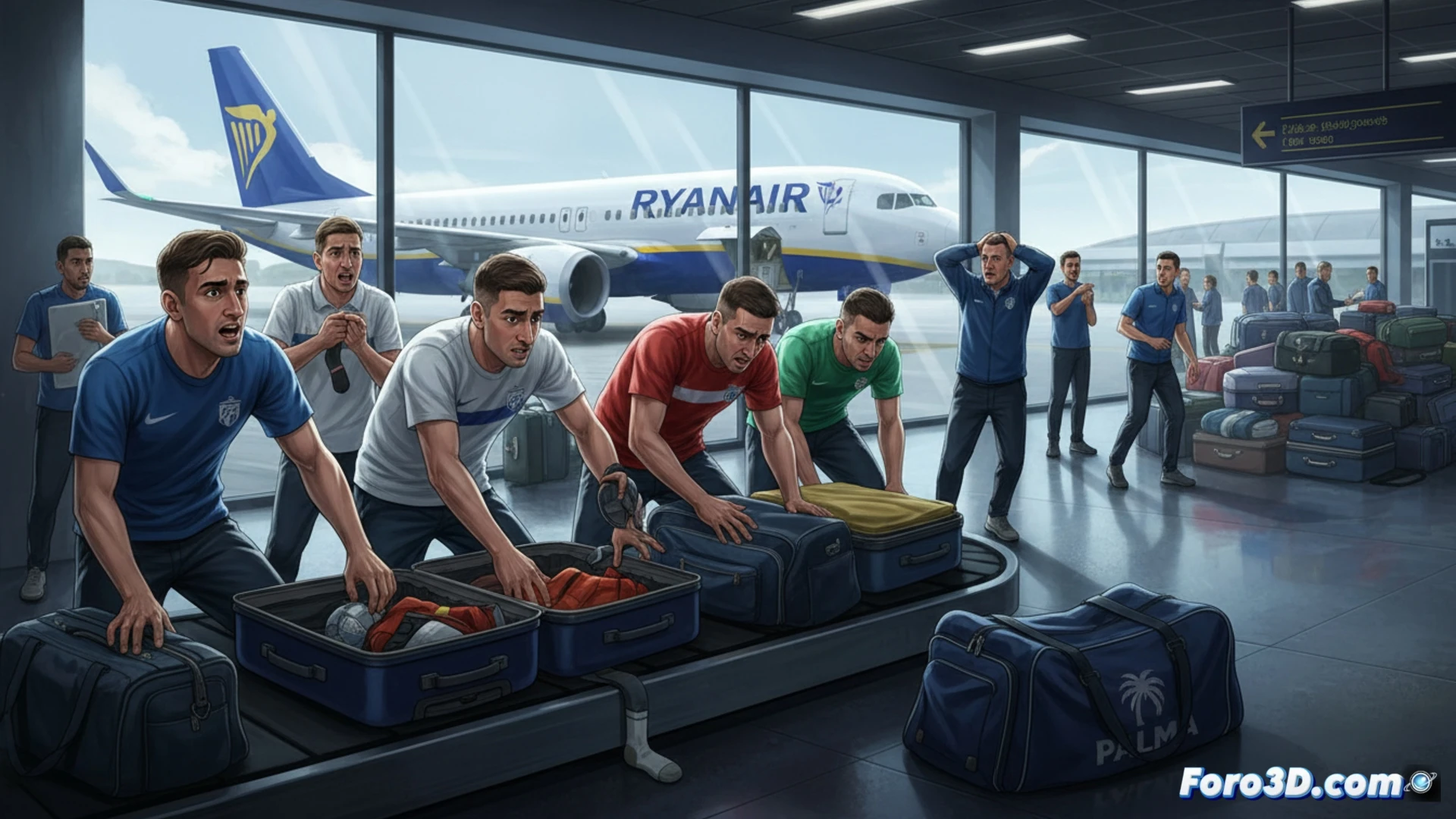 Jugadores del Palma en ropa de calle, maletas perdidas y avión de Ryanair al fondo, caos previo al partido.
