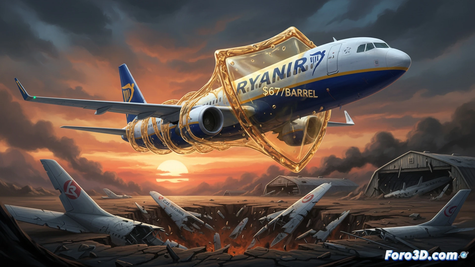 Ryanair Boeing 737-800 refueling at dawn, ground crew connecting hose to wing tank while crude oil barrel icon shatters in background, jet fuel price ticker crashing downward, competitor airline planes with flat tires and grounded status visible on distant tarmac, photorealistic cinematic aviation photography style, dramatic storm clouds parting to reveal sunlight, fuel nozzle spraying microscopic droplets catching amber light, ultra-detailed metallic fuselage reflections, dynamic contrast between operational jet and failed aircraft, technical engineering visualization