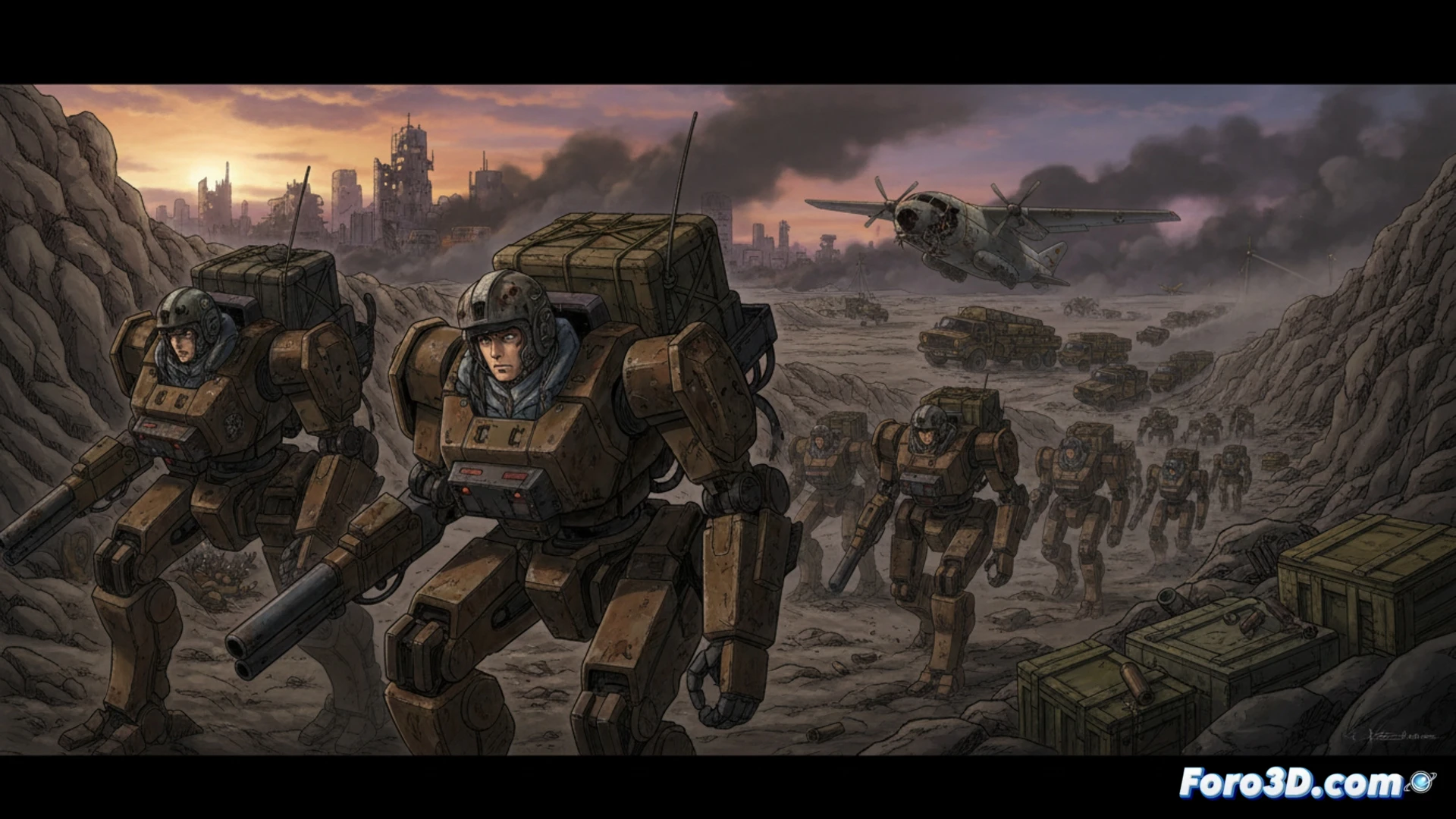 Ilustración de un campo de batalla desolado al atardecer, con un mecha dañado de VOTOMS y un soldado solitario observando tanques y escombros humeantes.