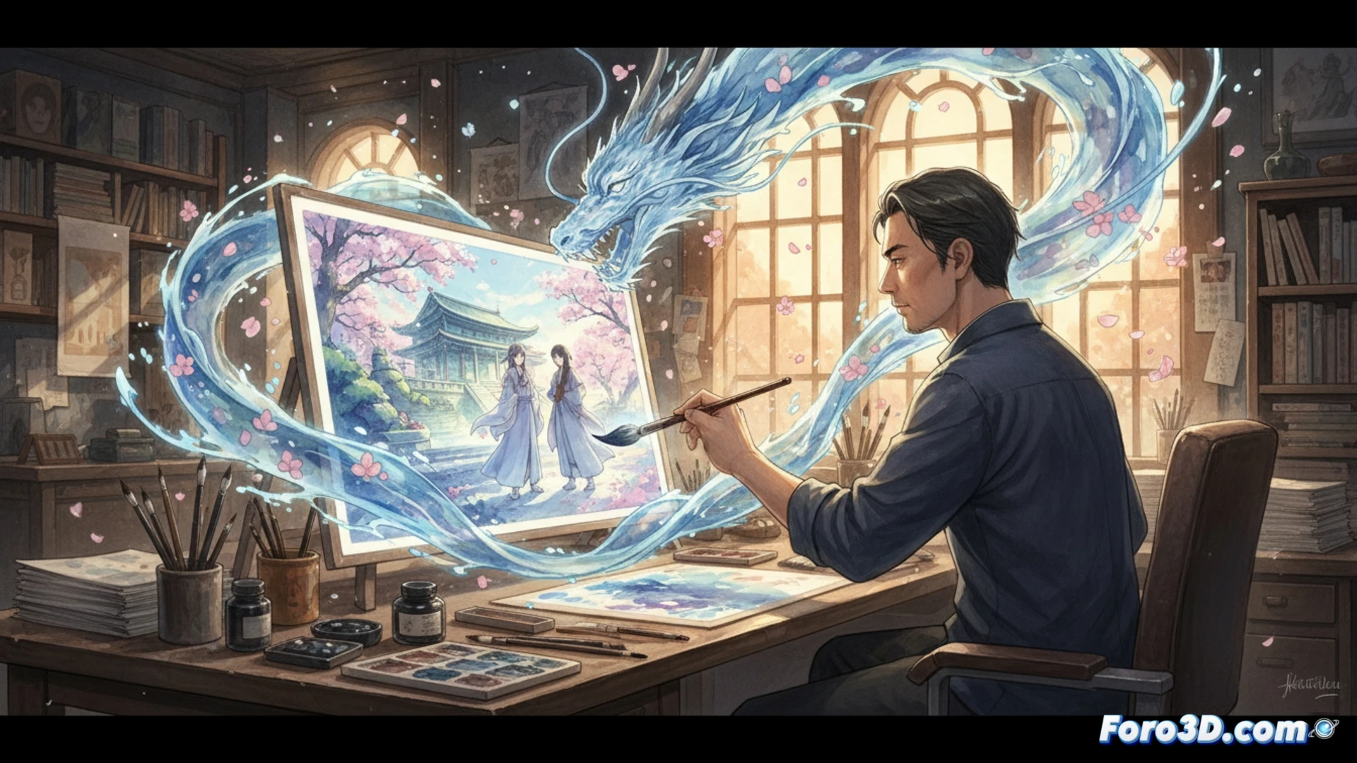 Una escena de animación al estilo acuarela: un bosque iluminado por luz dorada, con pinceladas suaves y colores pastel que fluyen entre las hojas; un personaje contempla el paisaje en un instante suspendido, evocando la belleza efímera y la atmósfera pictórica de Ryousuke Nakamura.
