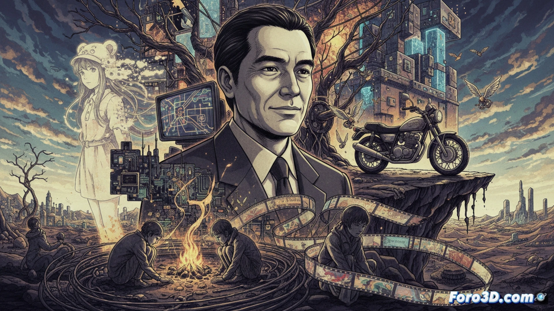 Un director de anime, con mirada melancólica, sostiene un guion fragmentado. A su alrededor, circuitos y paisajes oníricos de Lain, Kino y Ghost Houn.